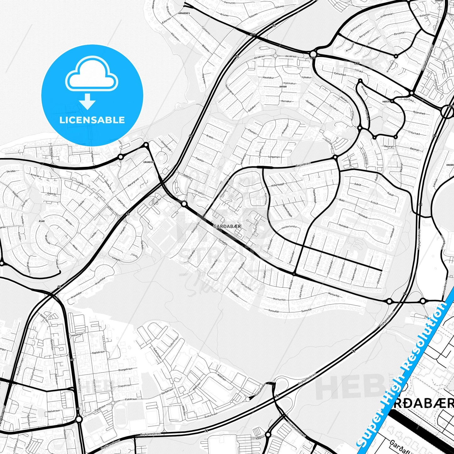 Garðabær, Iceland Light Map with Street Names, City Names, and Districts