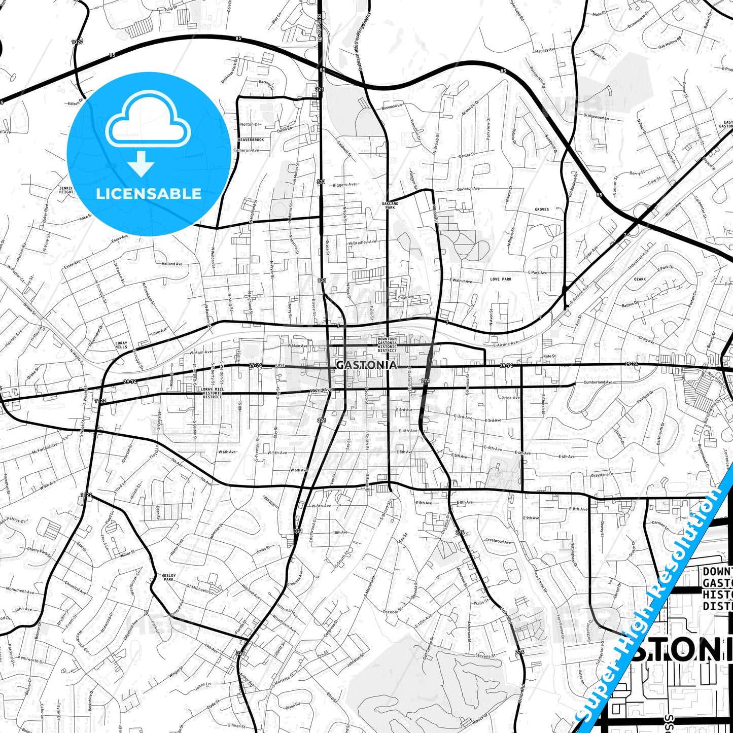 Gastonia, North Carolina Light Map with Street Names, City Names, and Districts