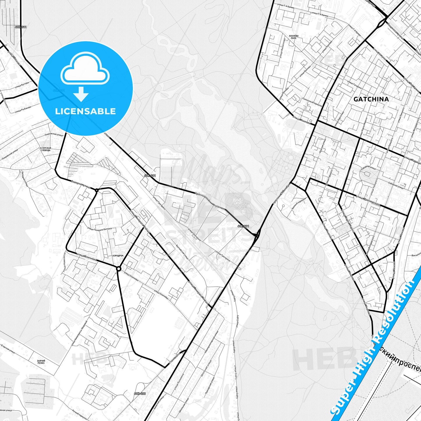 Gatchina, Russia Light Map with Street Names, City Names, and Districts