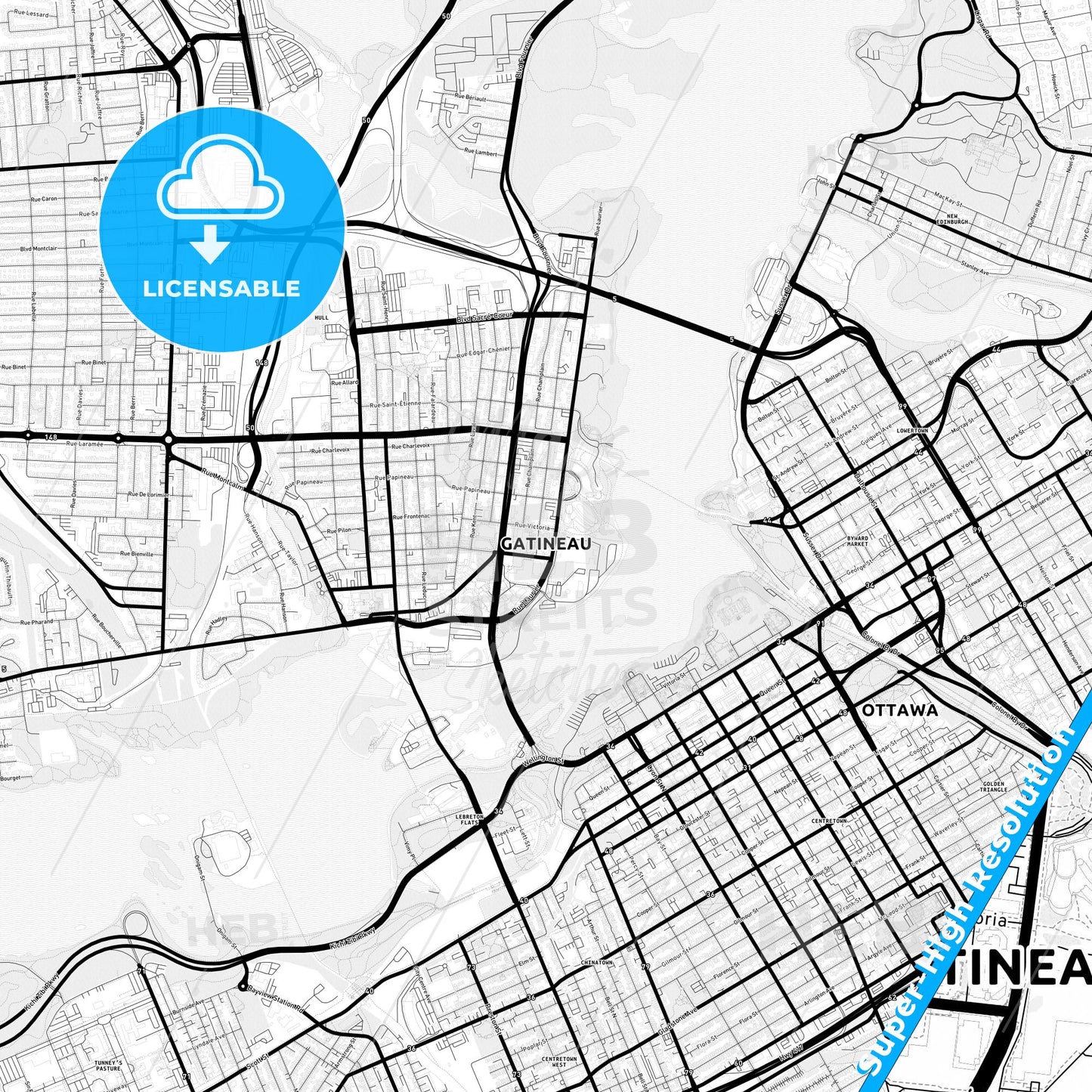 Gatineau, Canada Light Map with Street Names, City Names, and Districts