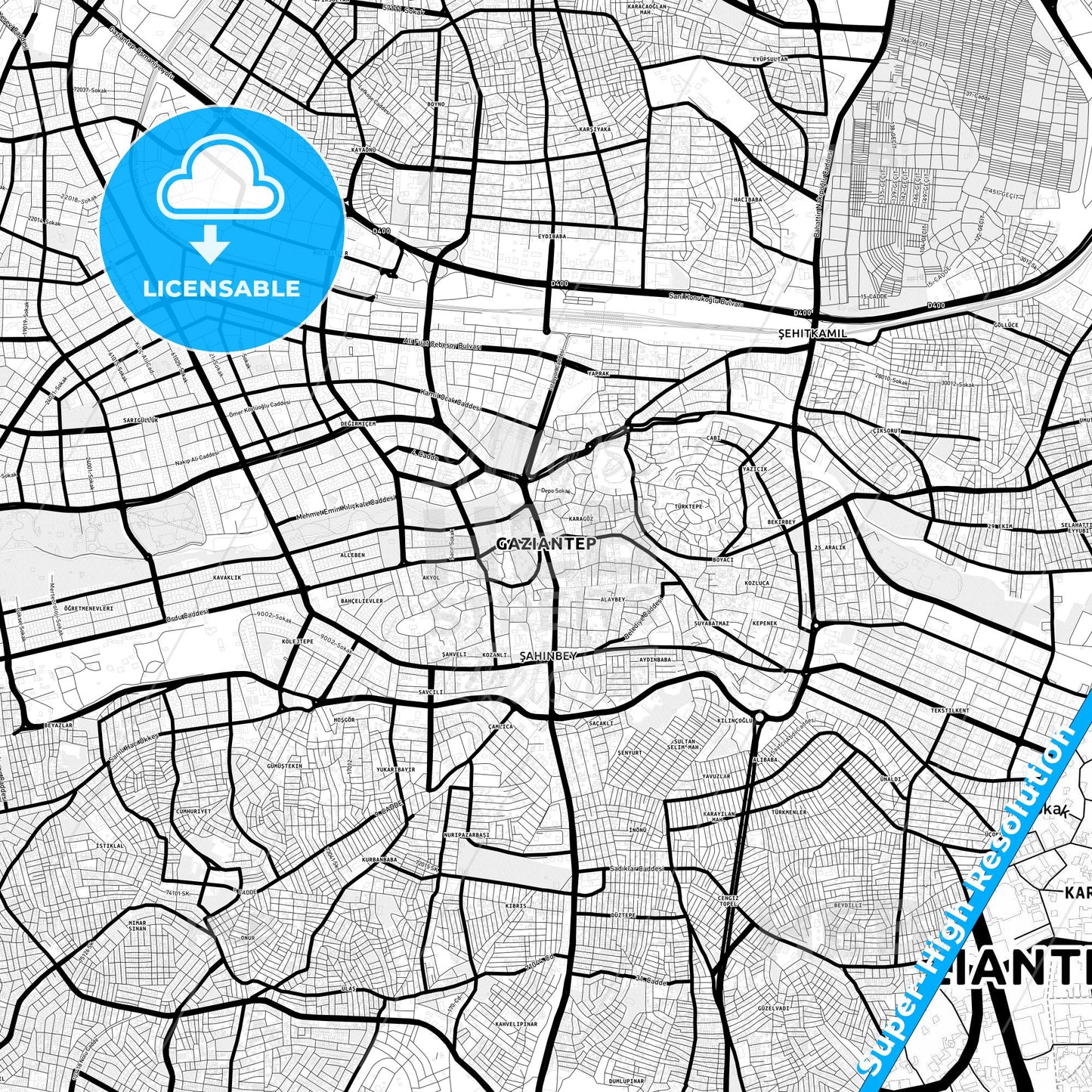 Gaziantep, Turkey Light Map with Street Names, City Names, and Districts