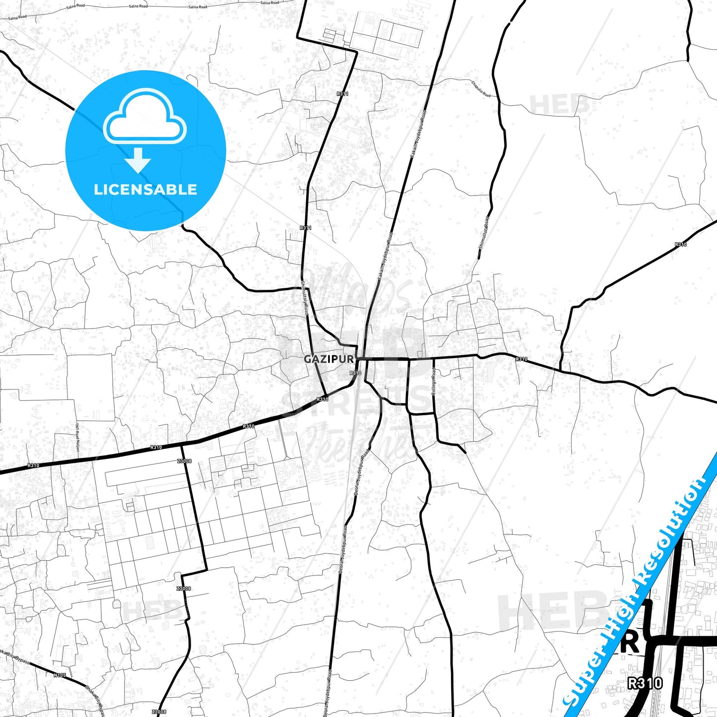 Gazipur, Bangladesh Light Map with Street Names, City Names, and Districts