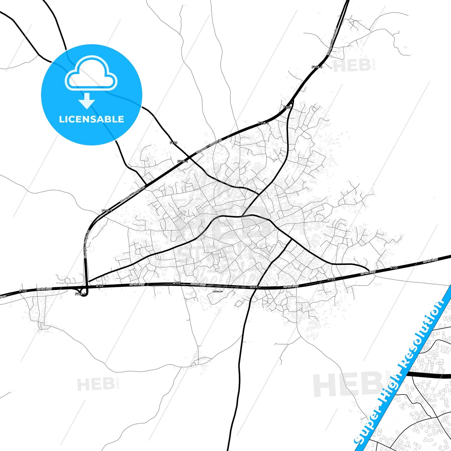 Gbongan, Nigeria Light Map with Street Names, City Names, and Districts