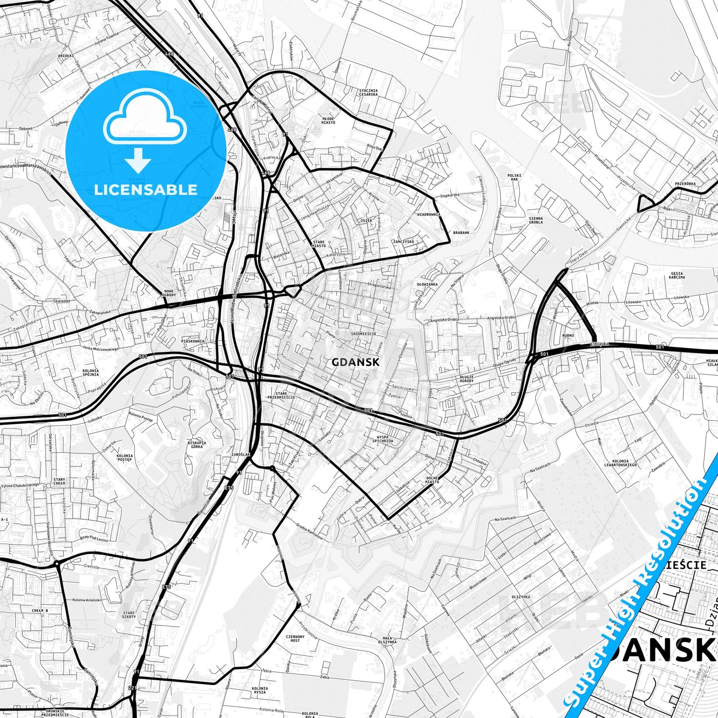 Gdańsk, Poland Light Map with Street Names, City Names, and Districts