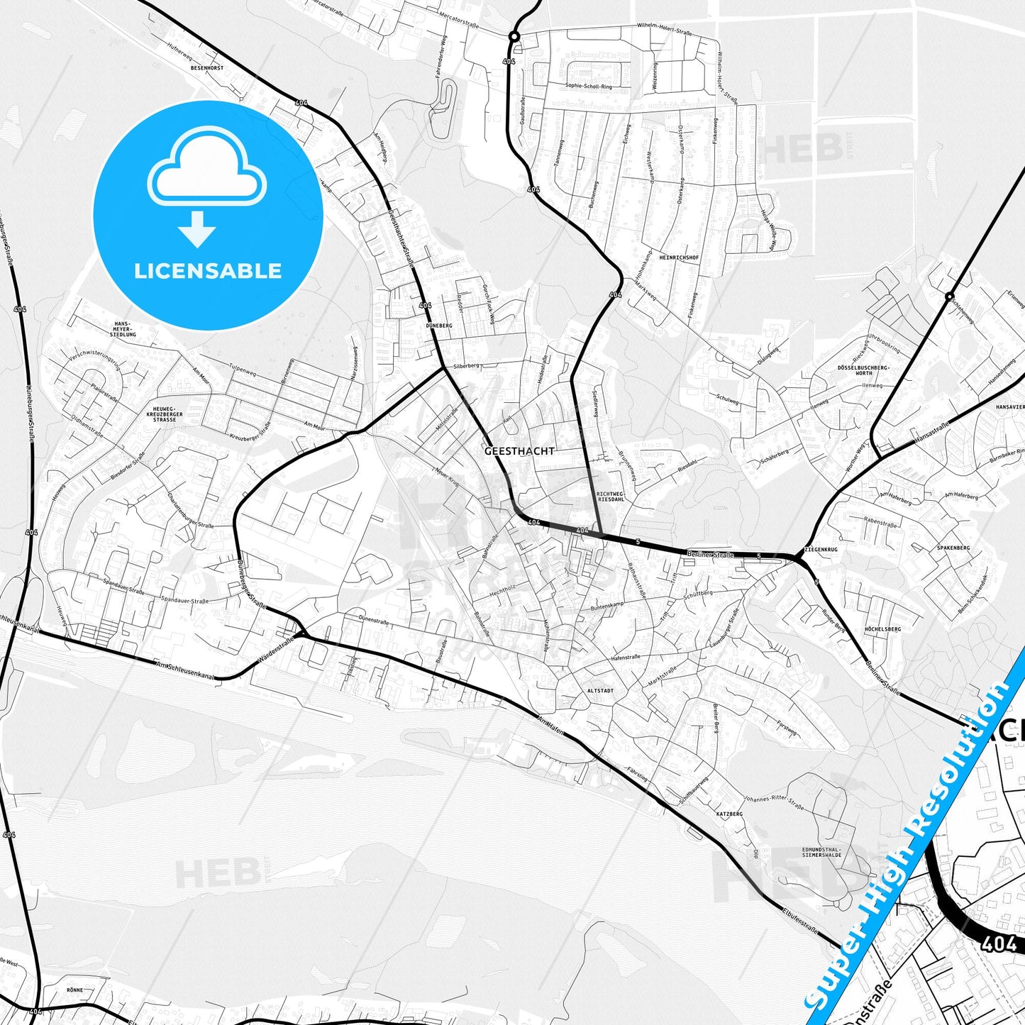 Geesthacht, Germany Light Map with Street Names, City Names, and Districts