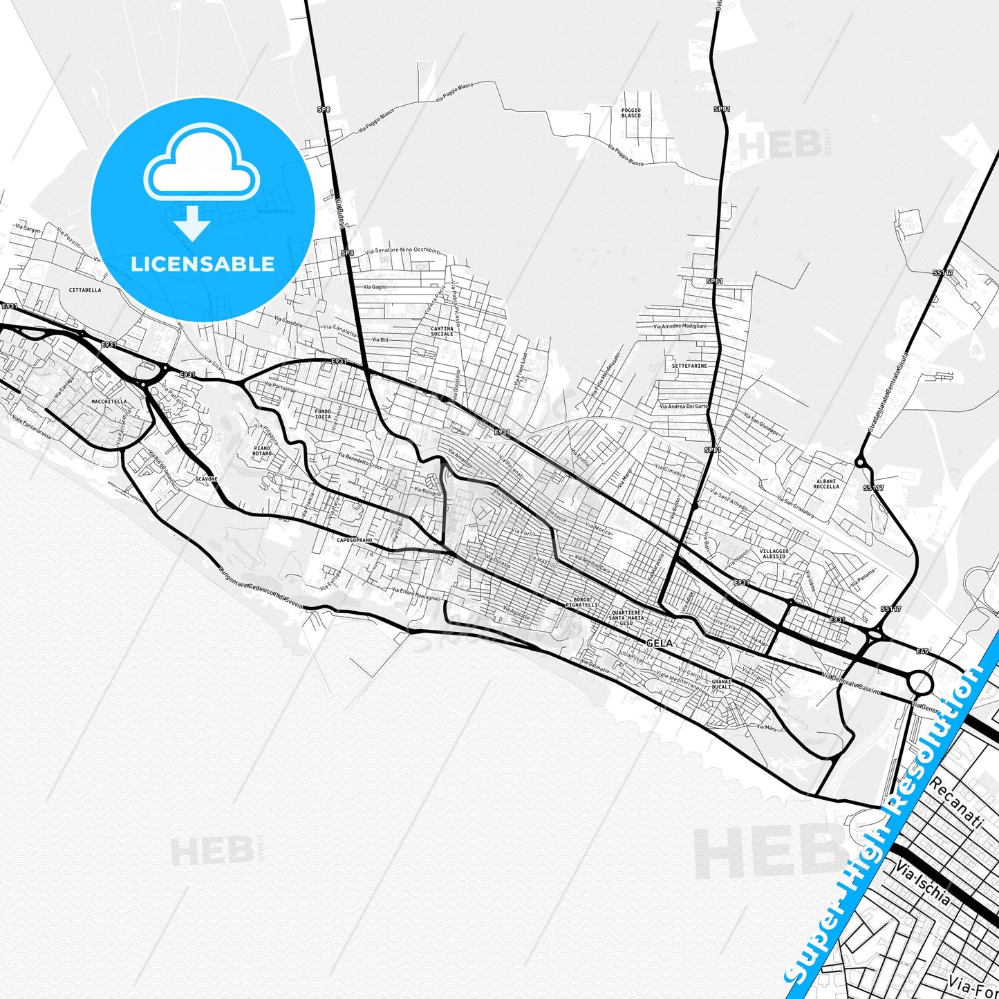 Gela, Italy Light Map with Street Names, City Names, and Districts
