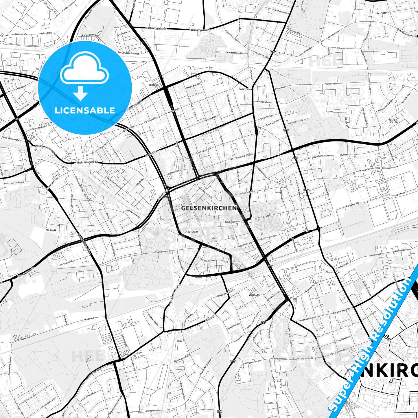 Gelsenkirchen, Germany Light Map with Street Names, City Names, and Districts