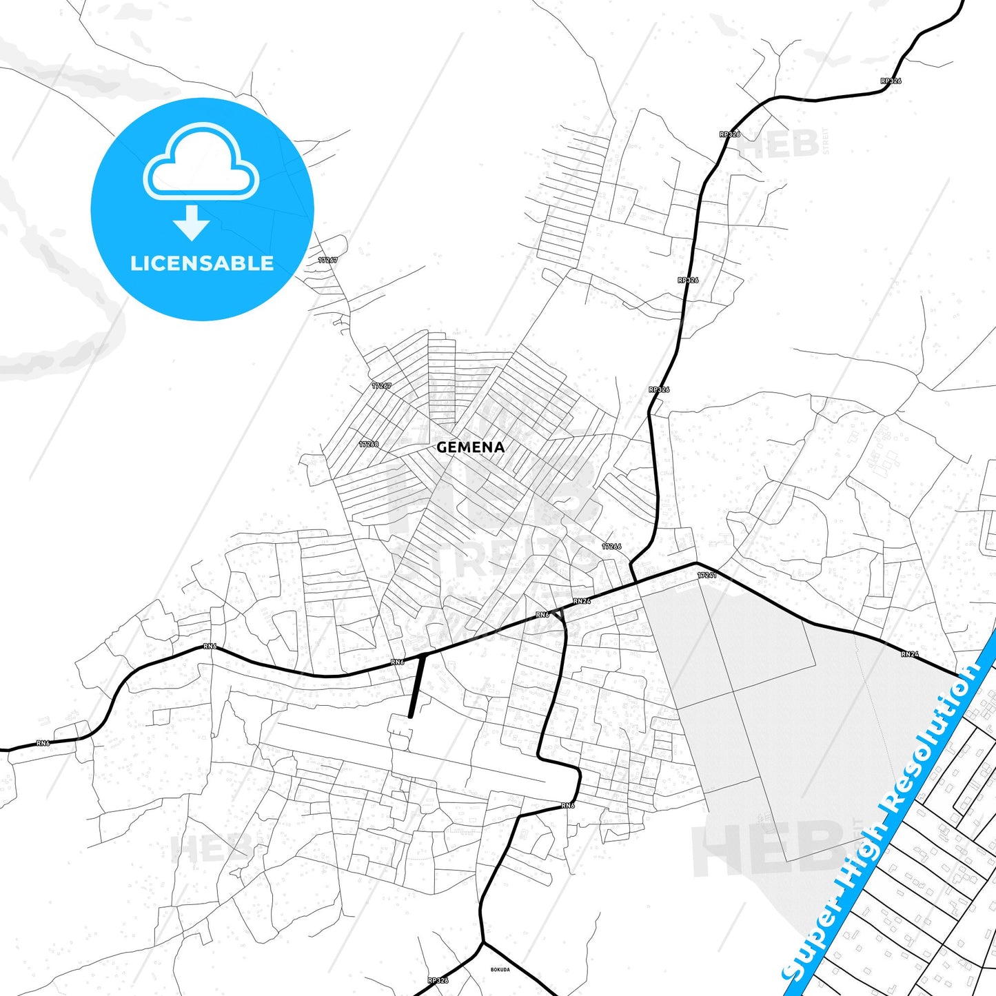 Gemena, DR Congo Light Map with Street Names, City Names, and Districts