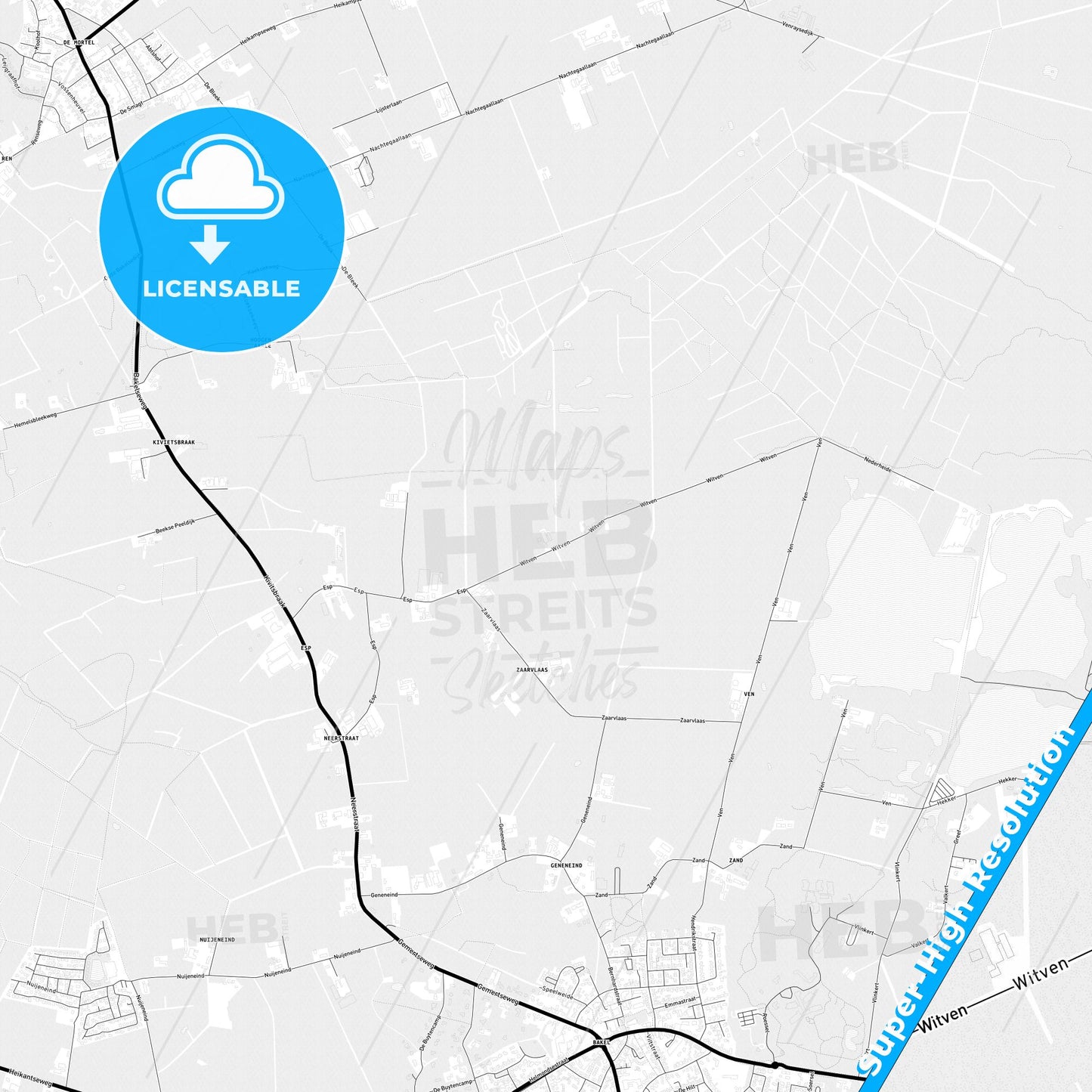Gemert-Bakel, Netherlands Light Map with Street Names, City Names, and Districts