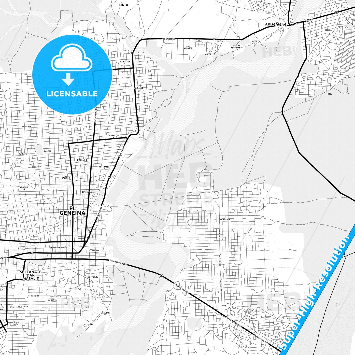 Geneina, Sudan Light Map with Street Names, City Names, and Districts