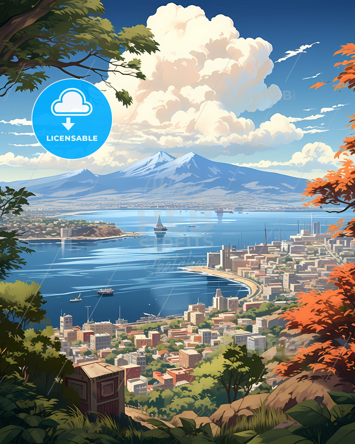 Cityscape Art: General Santos Philippines Skyline by the Water, Vivid Painting, Travel Souvenir, City Art, Architectural Artwork