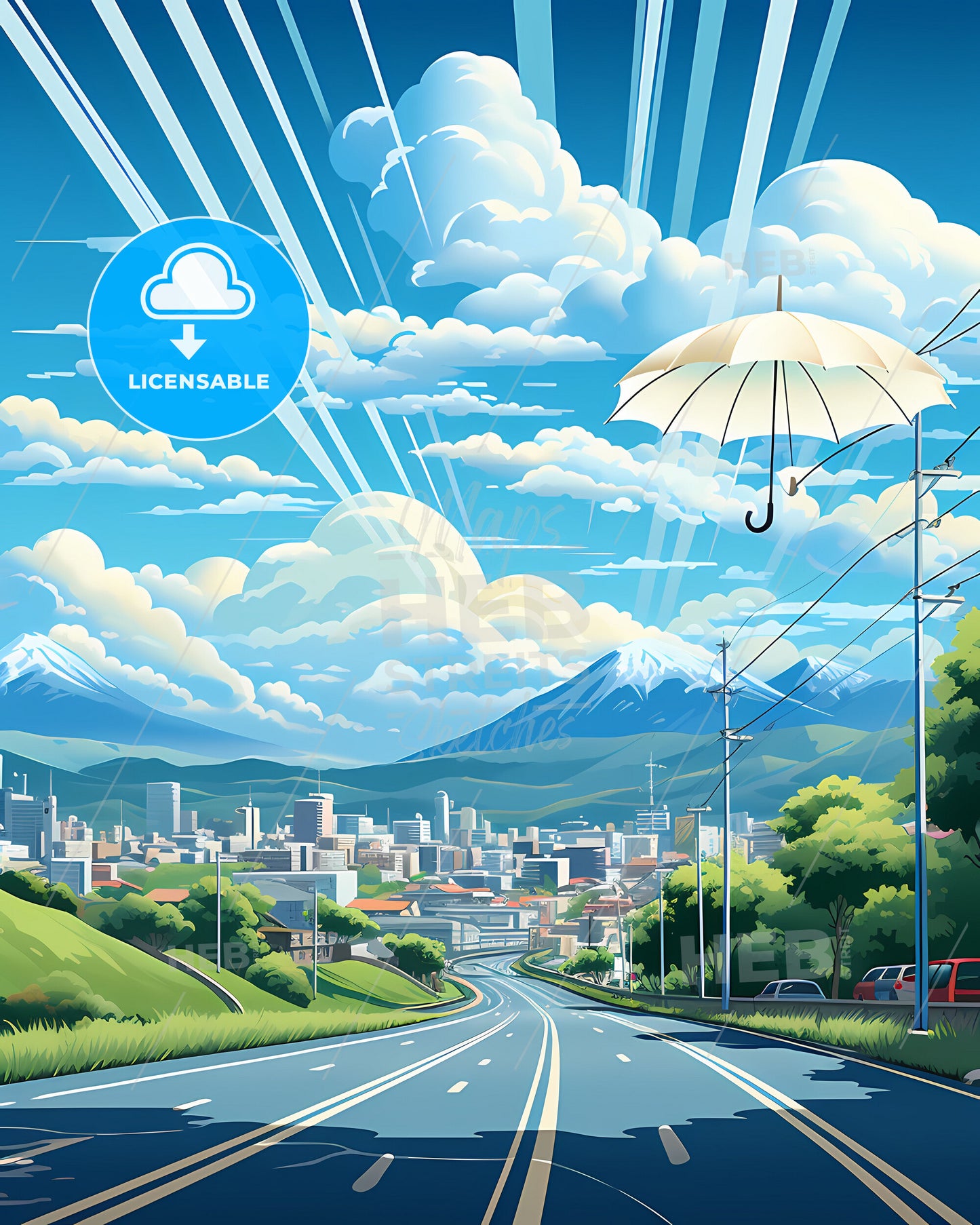 Vibrant and Colorful Cityscape Painting of General Santos Philippines Skyline with Umbrella and Road