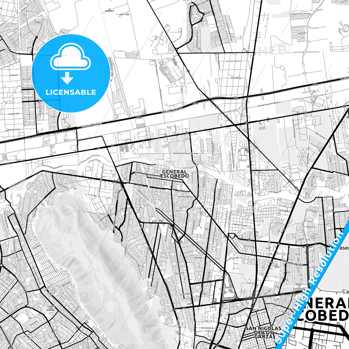 General Escobedo, Mexico Light Map with Street Names, City Names, and Districts