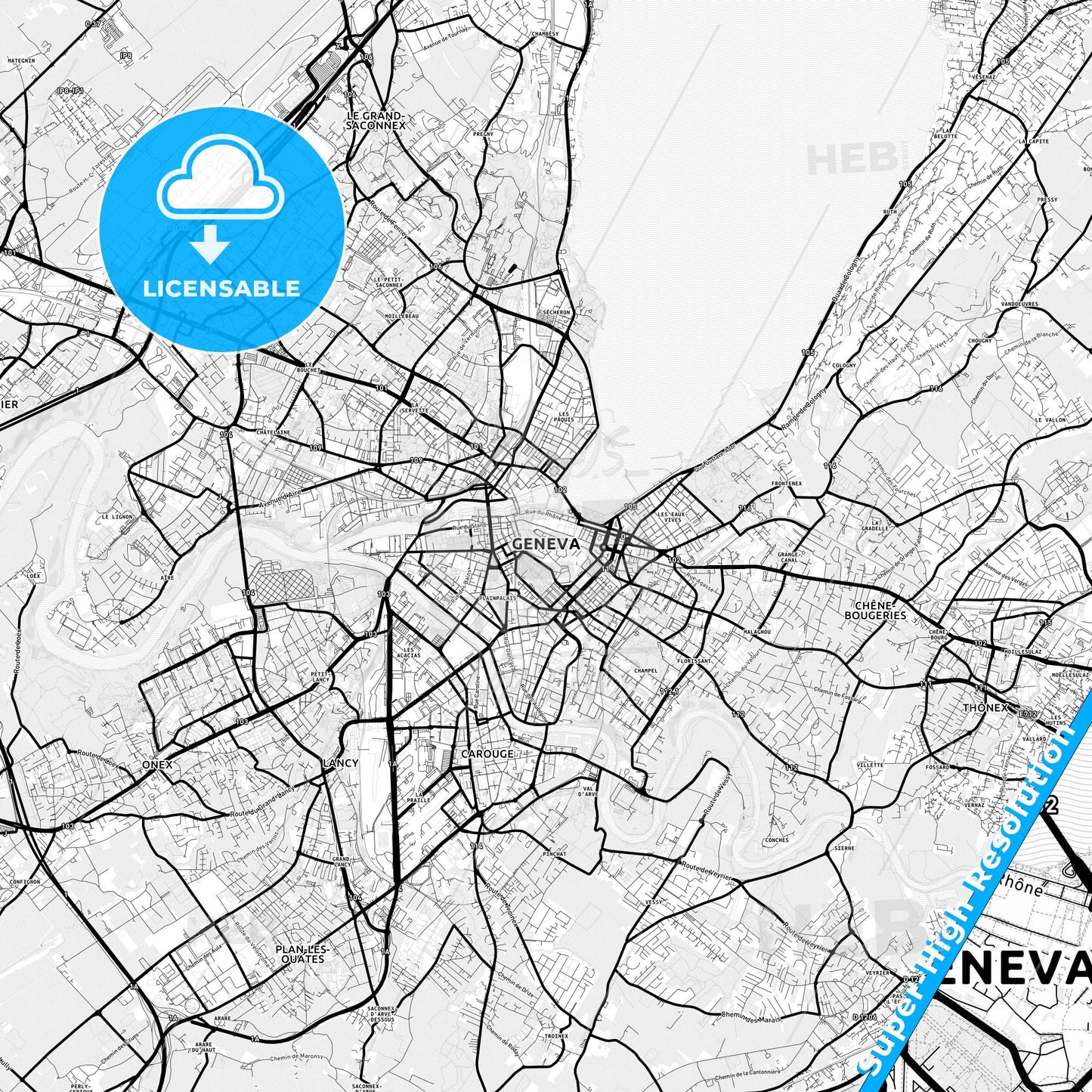 Geneva, Switzerland Light Map with Street Names, City Names, and Districts