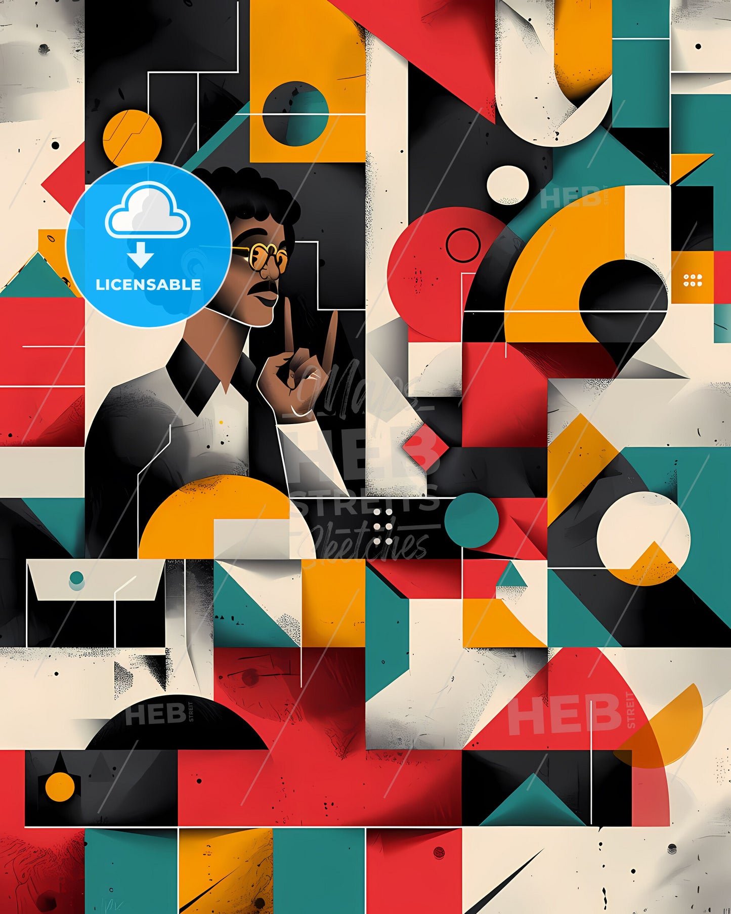 Vibrant Artistic Onboarding Process Representation: Flat, Bold Colors, Man with Glasses and Mustache