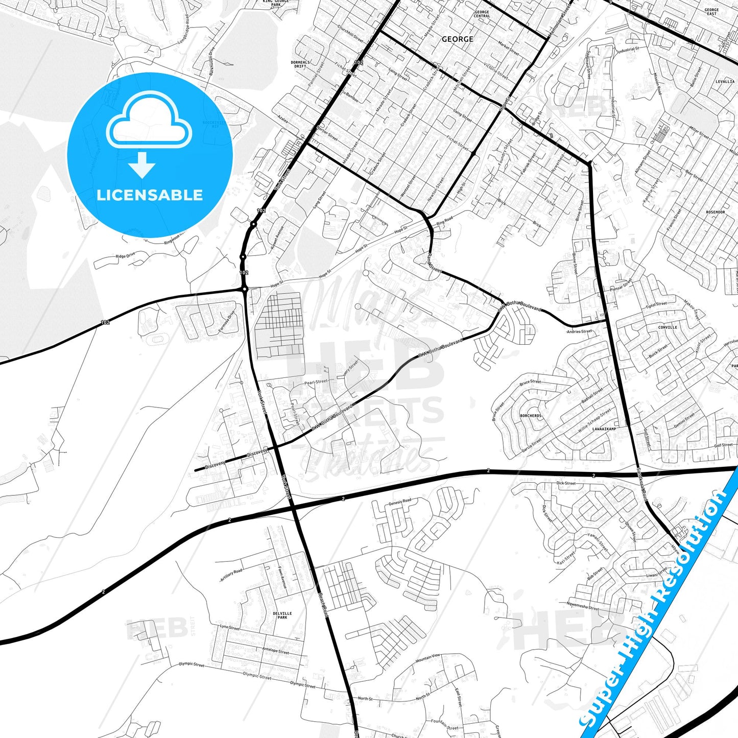 George, South Africa Light Map with Street Names, City Names, and Districts
