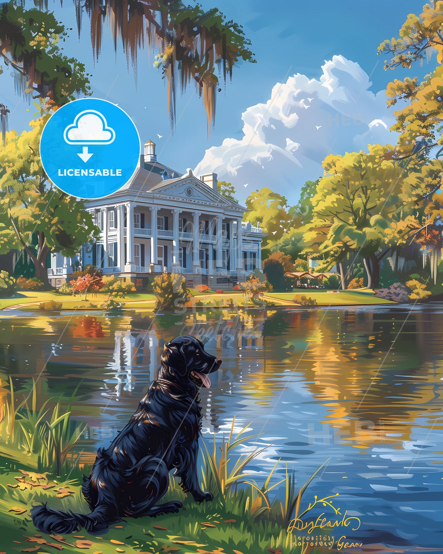 Vibrant Painted Lake Scene: Dog by Georgia Waterscape, Digital Art