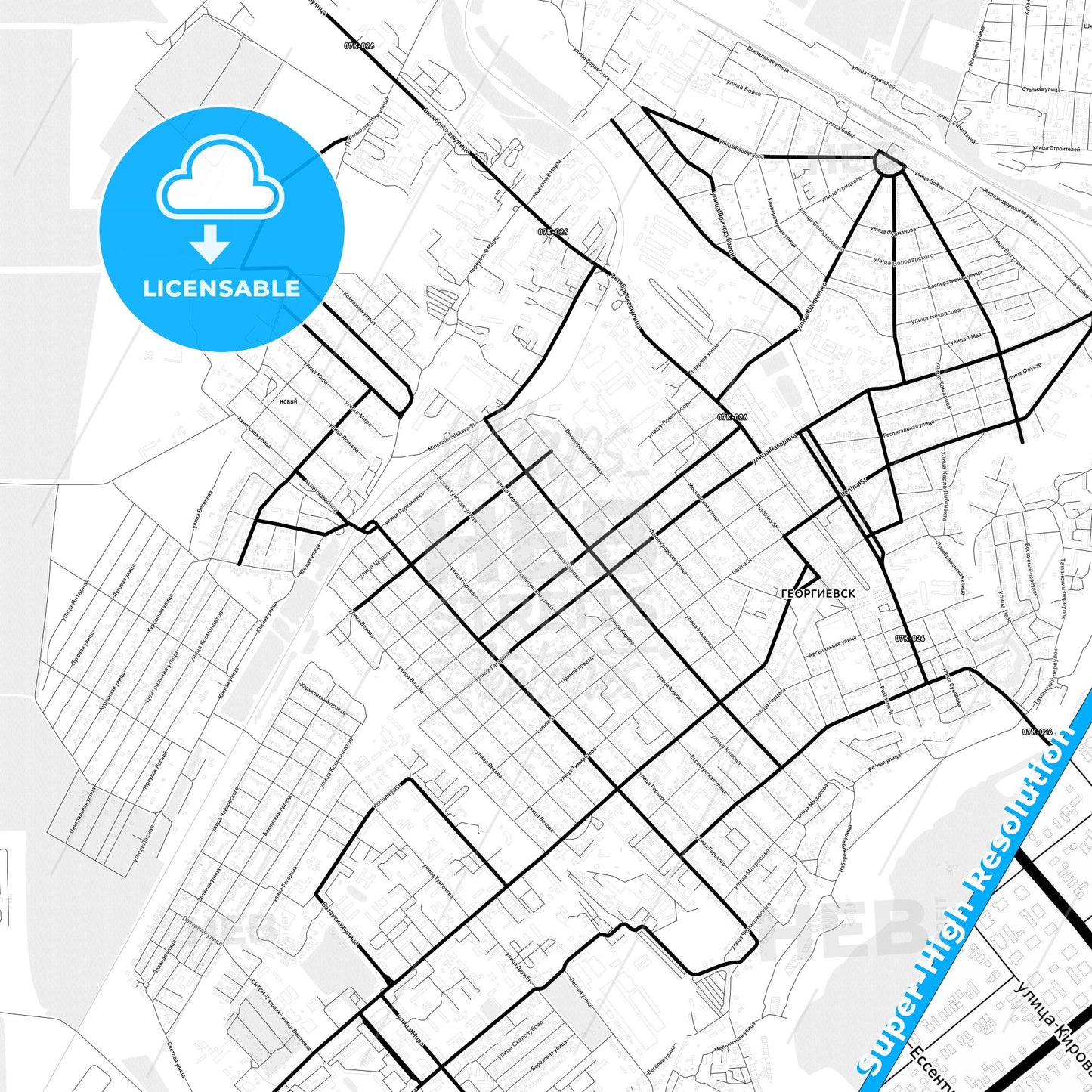 Georgiyevsk, Russia Light Map with Street Names, City Names, and Districts