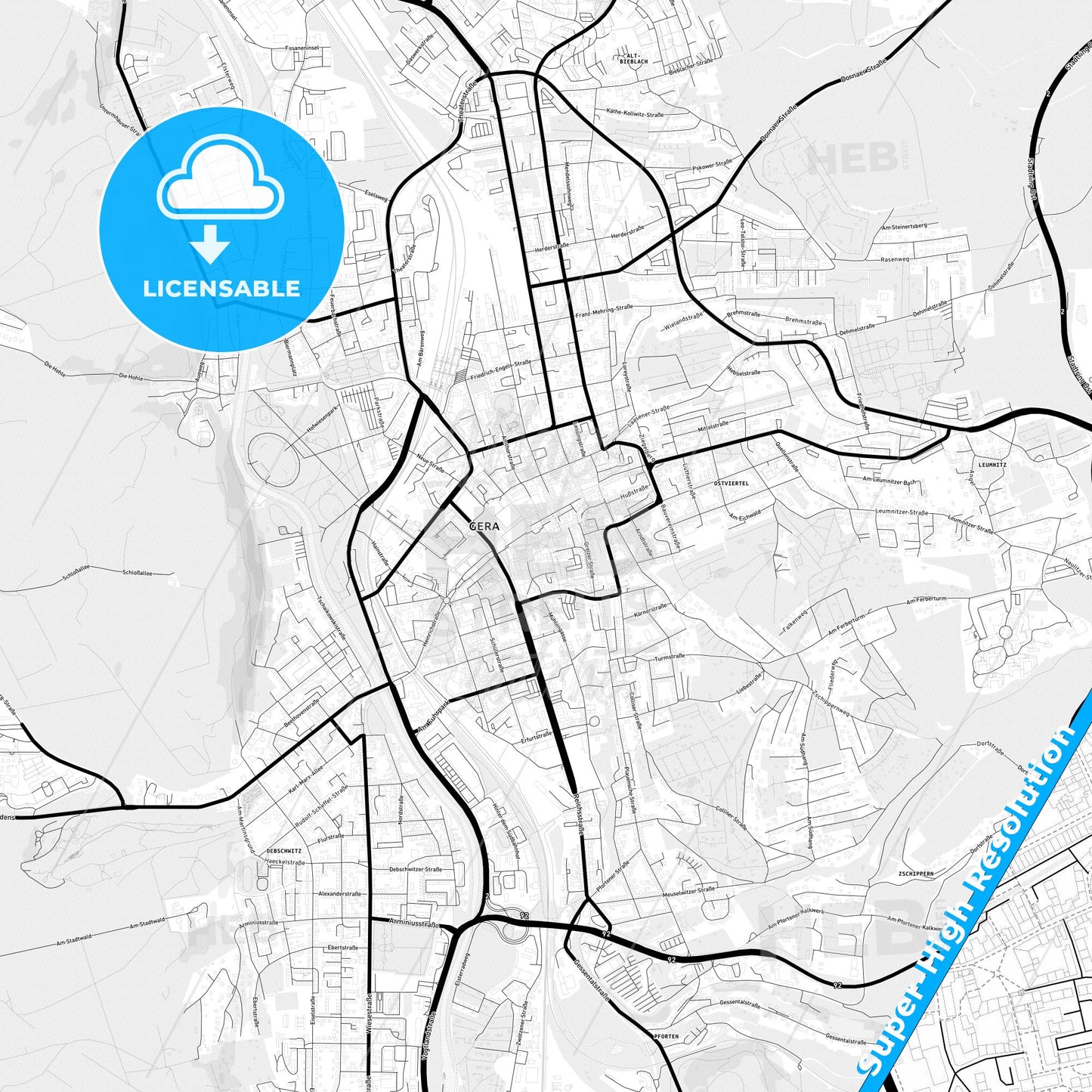Gera, Germany Light Map with Street Names, City Names, and Districts