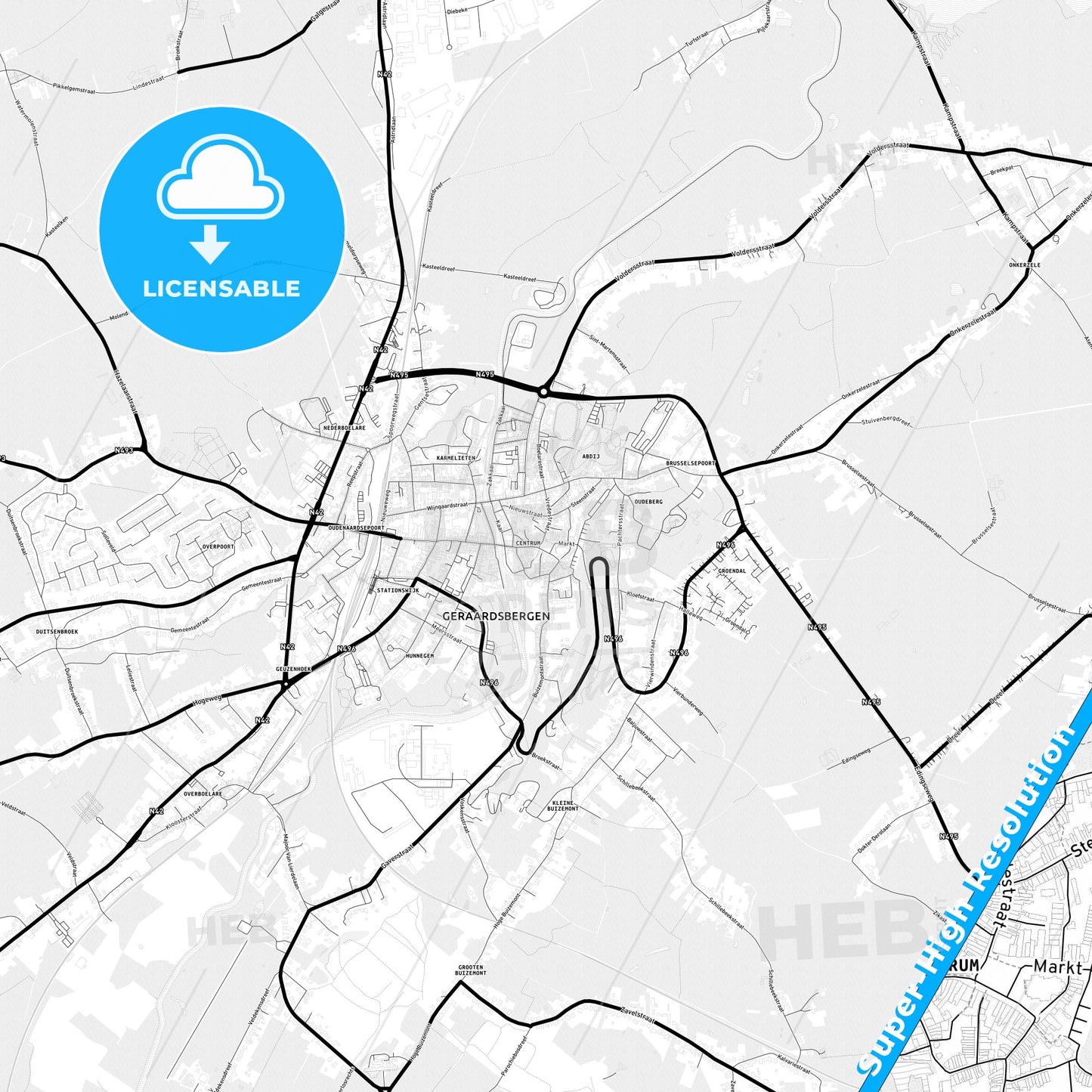 Geraardsbergen, Belgium Light Map with Street Names, City Names, and Districts