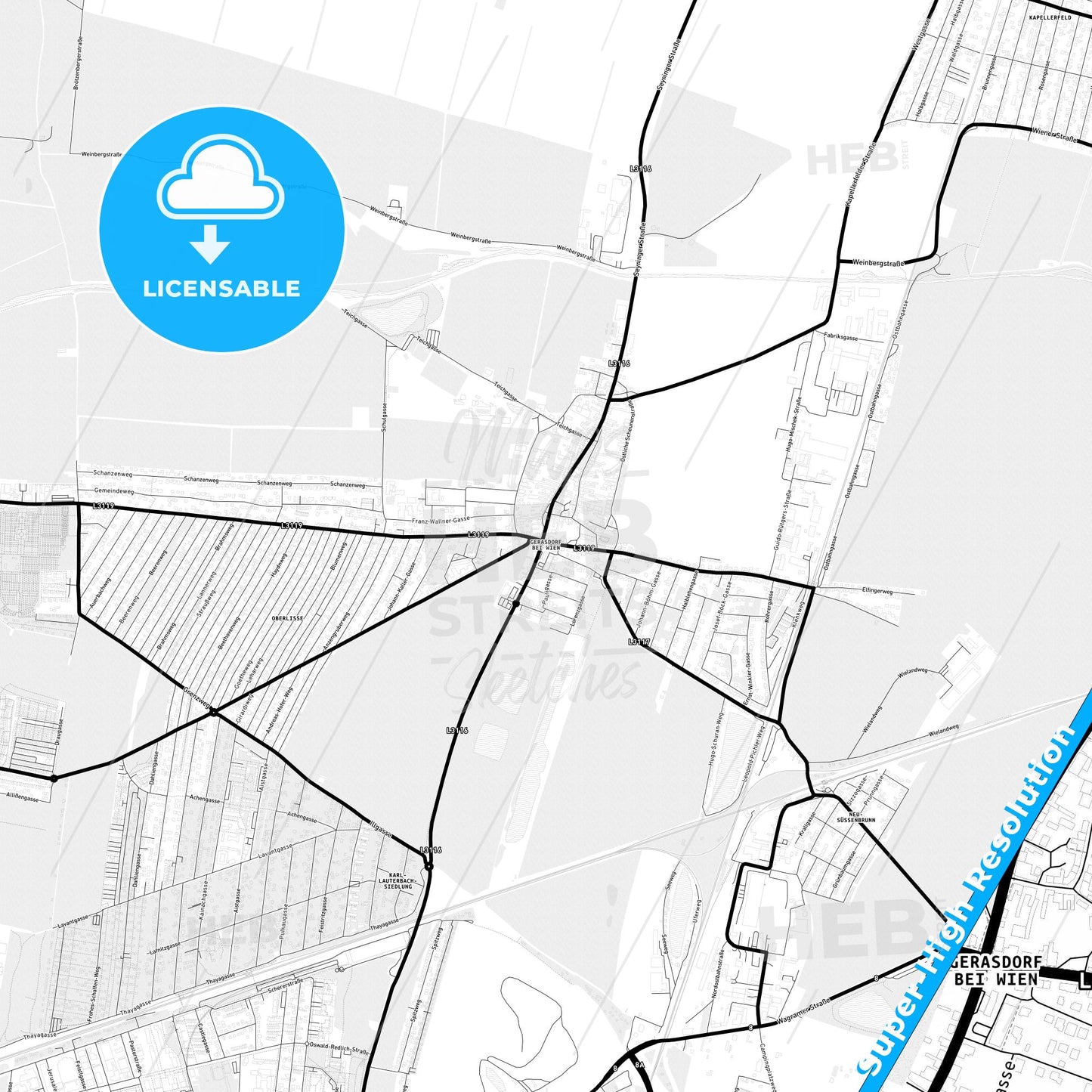 Gerasdorf bei Wien, Austria Light Map with Street Names, City Names, and Districts