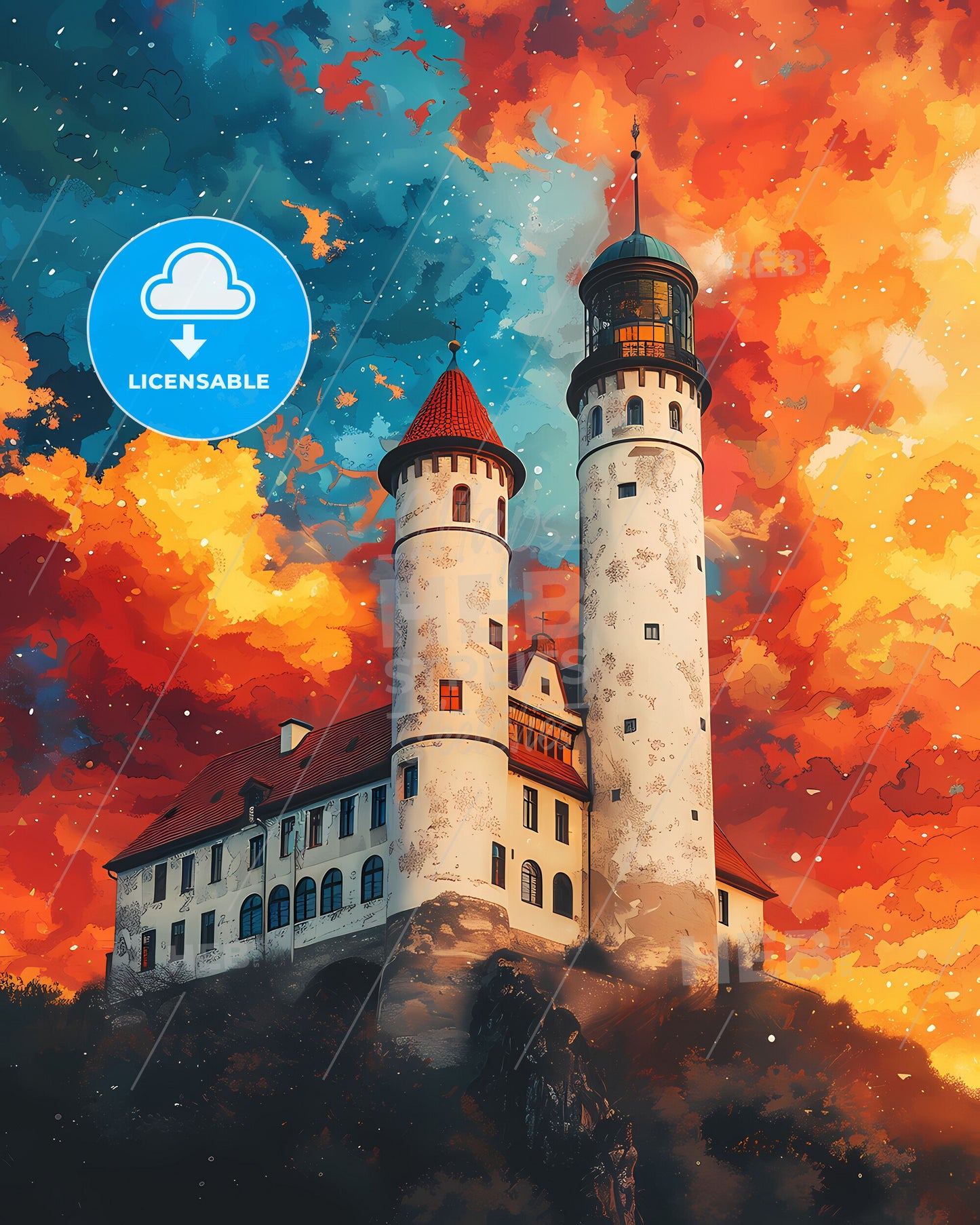 Picturesque Medieval Castle Red Roof, Europe, Art, Painting, Vibrant, Germany