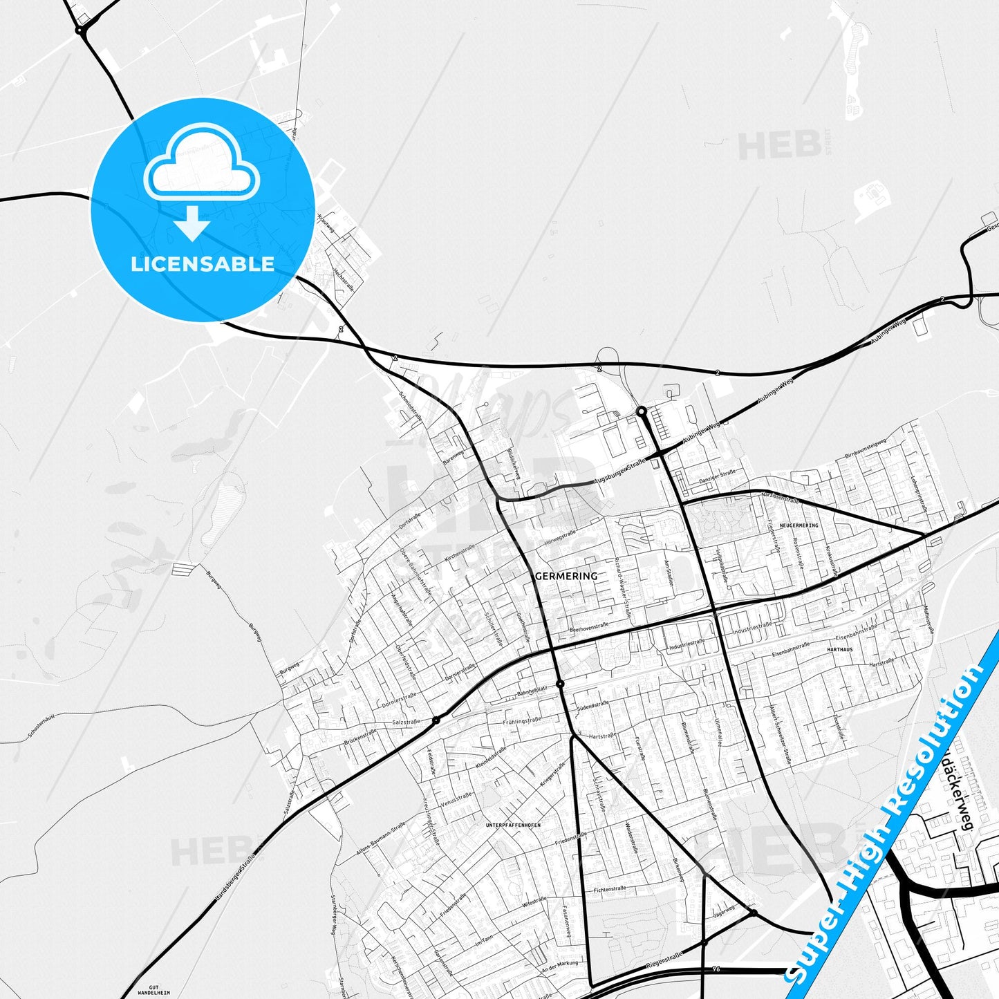 Germering, Germany Light Map with Street Names, City Names, and Districts