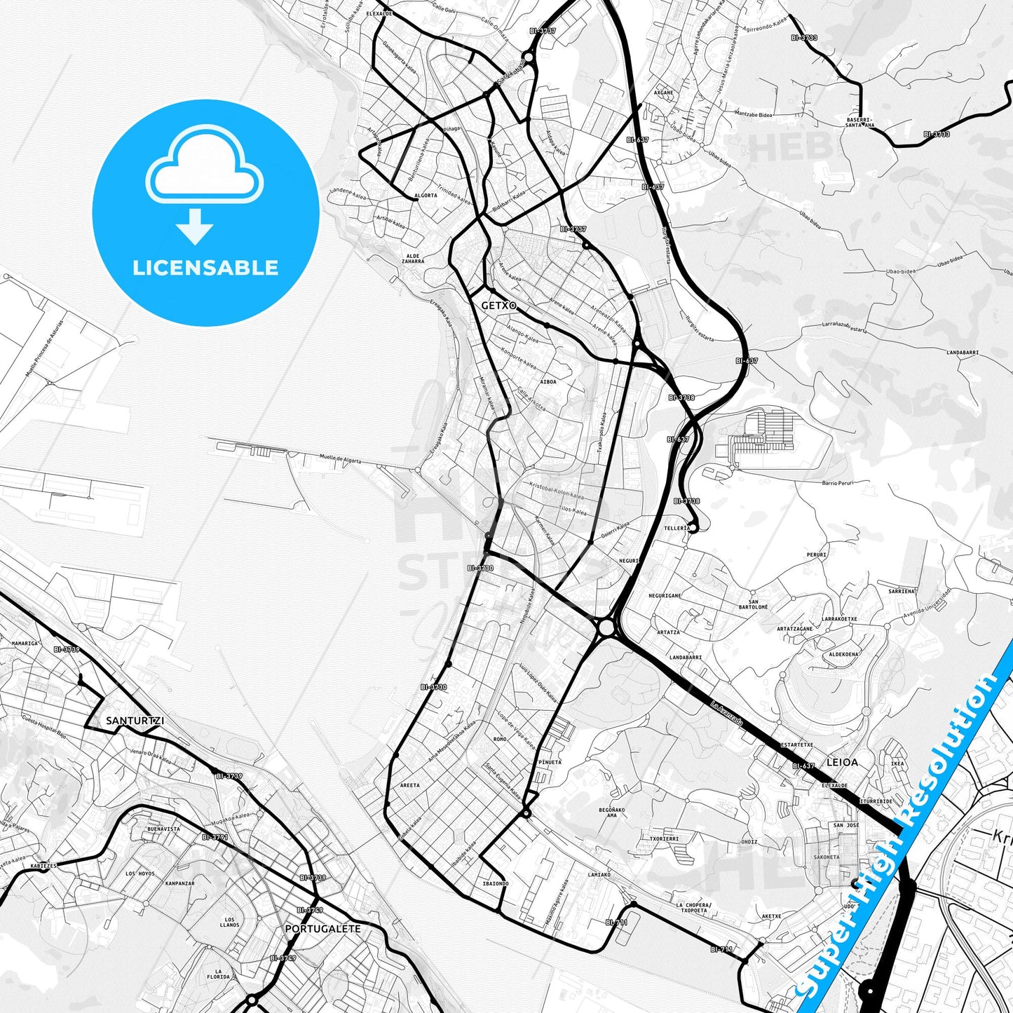 Getxo, Spain Light Map with Street Names, City Names, and Districts
