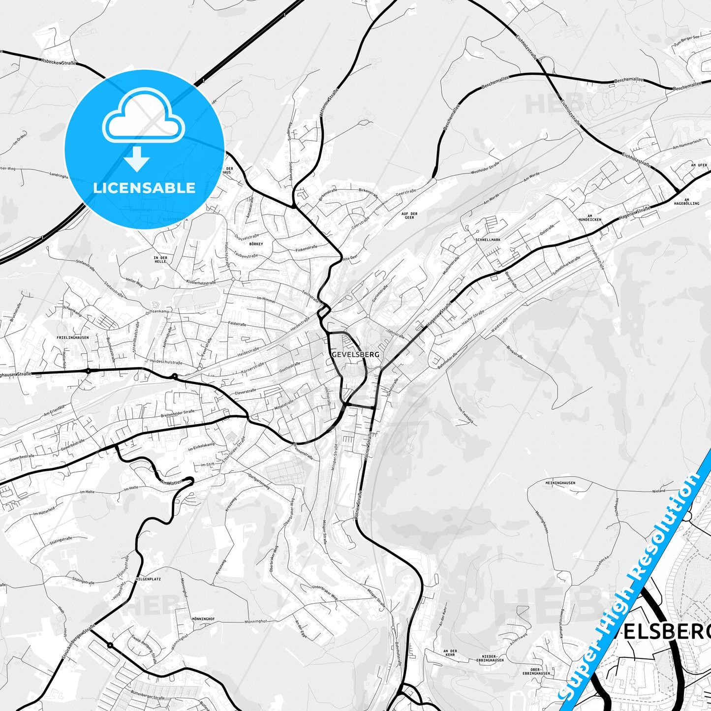 Gevelsberg, Germany Light Map with Street Names, City Names, and Districts