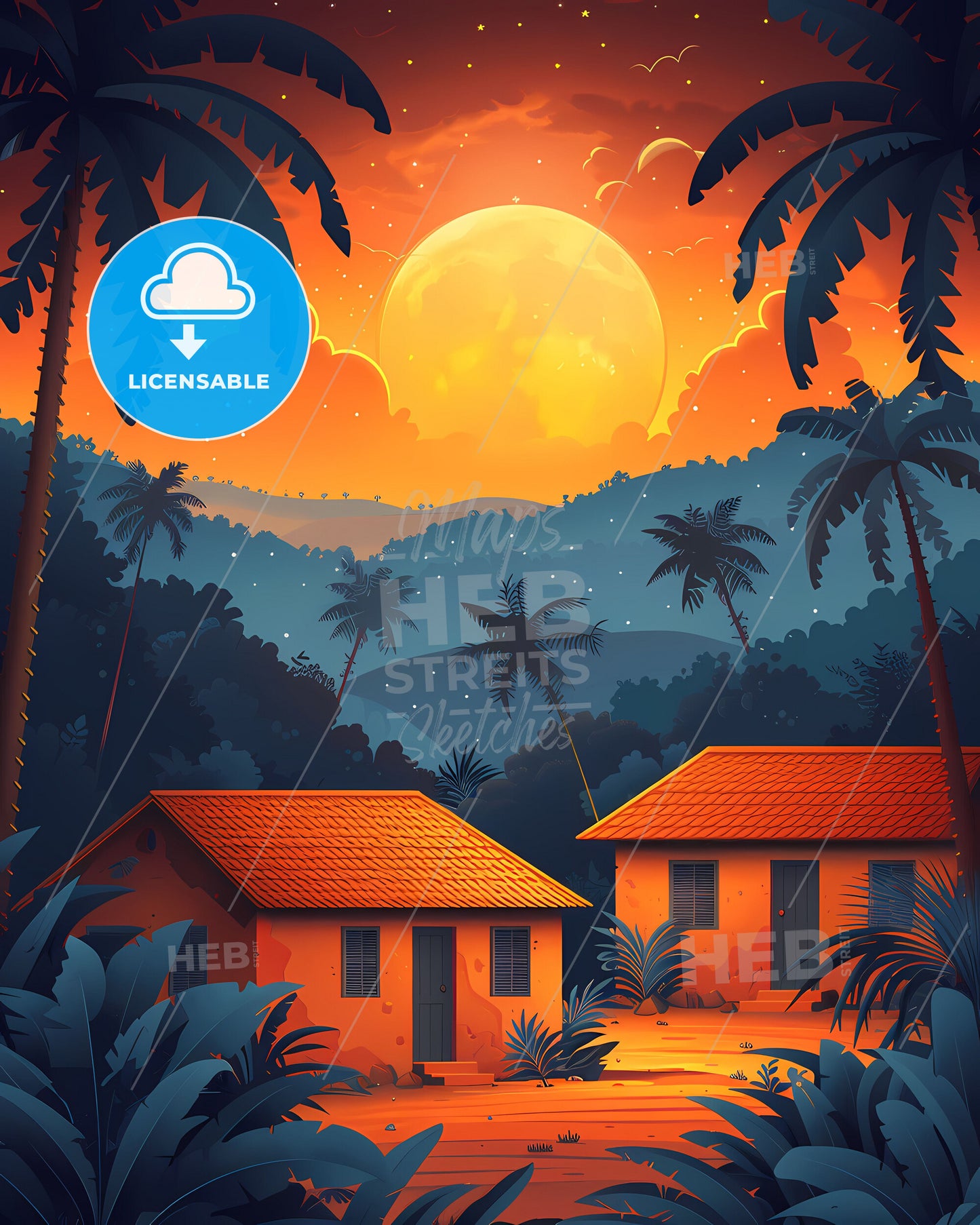 Tropical Forest Art: Ghana Africa Houses Trees Vibrance Painting Nature