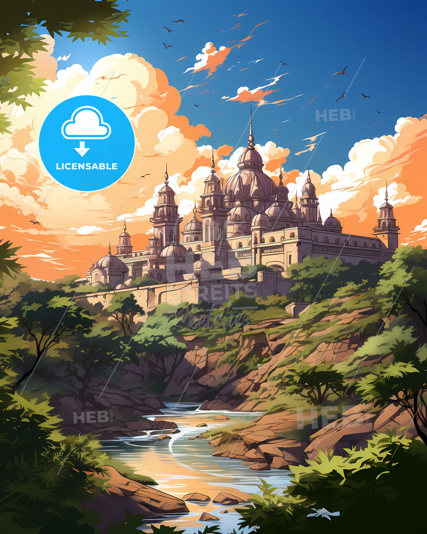 Panoramic View of Ghaziabad Skyline Featuring Castle on Hilltop Surrounded by Verdant Trees and Flowing River in Vibrant Artwork