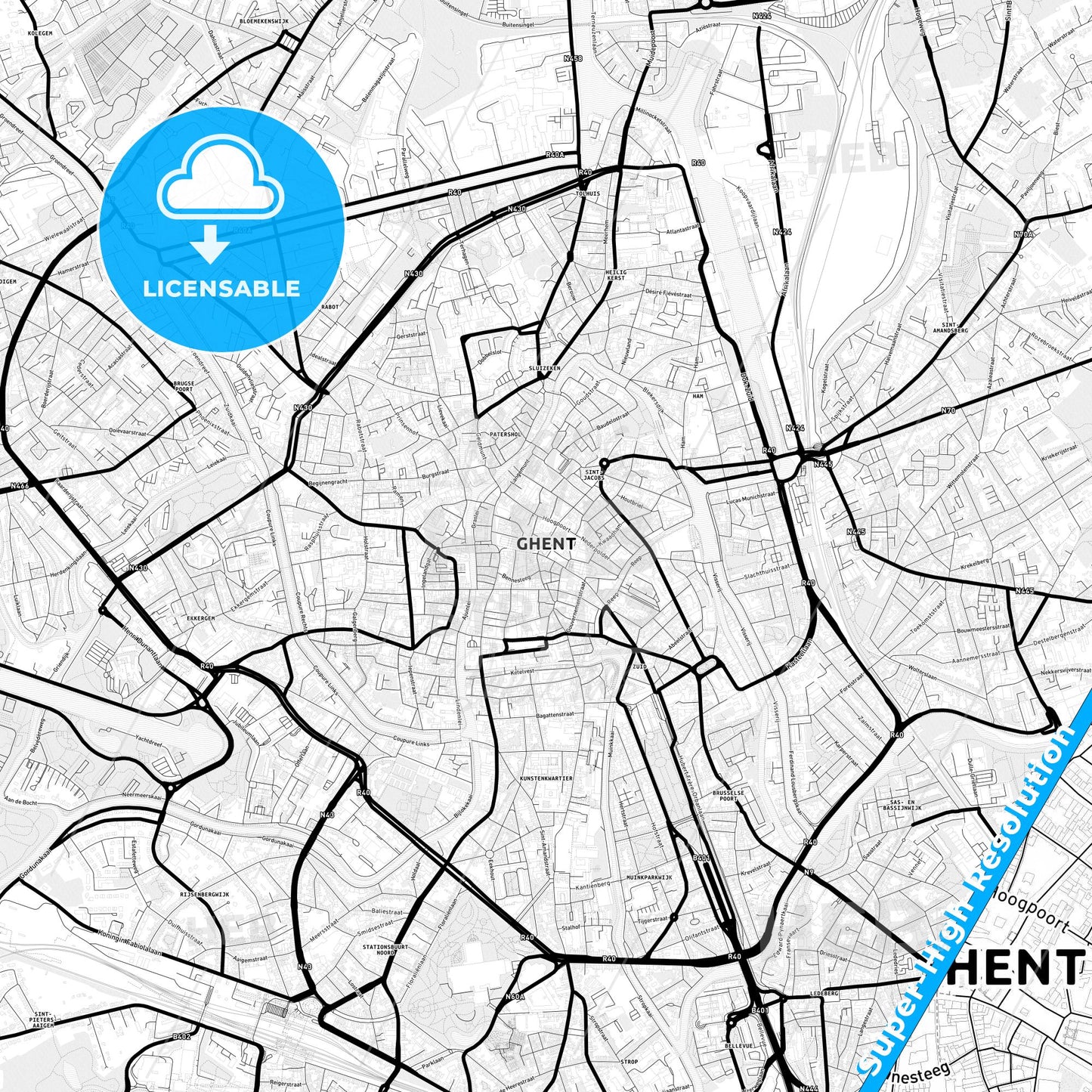 Ghent, Belgium Light Map with Street Names, City Names, and Districts