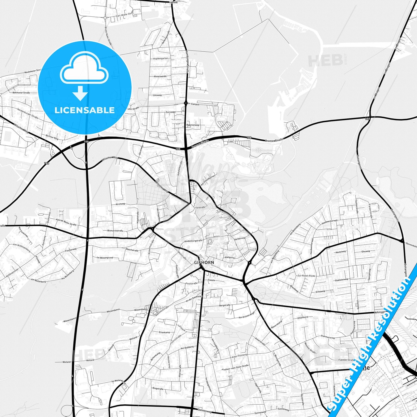 Gifhorn, Germany Light Map with Street Names, City Names, and Districts