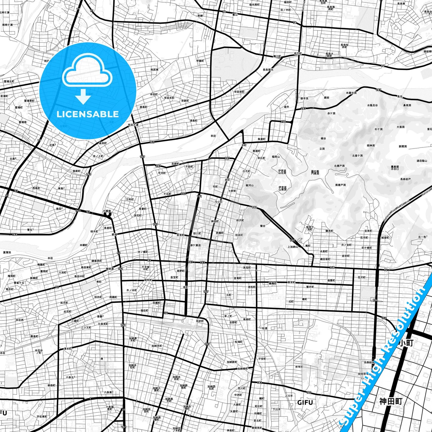 Gifu, Japan Light Map with Street Names, City Names, and Districts