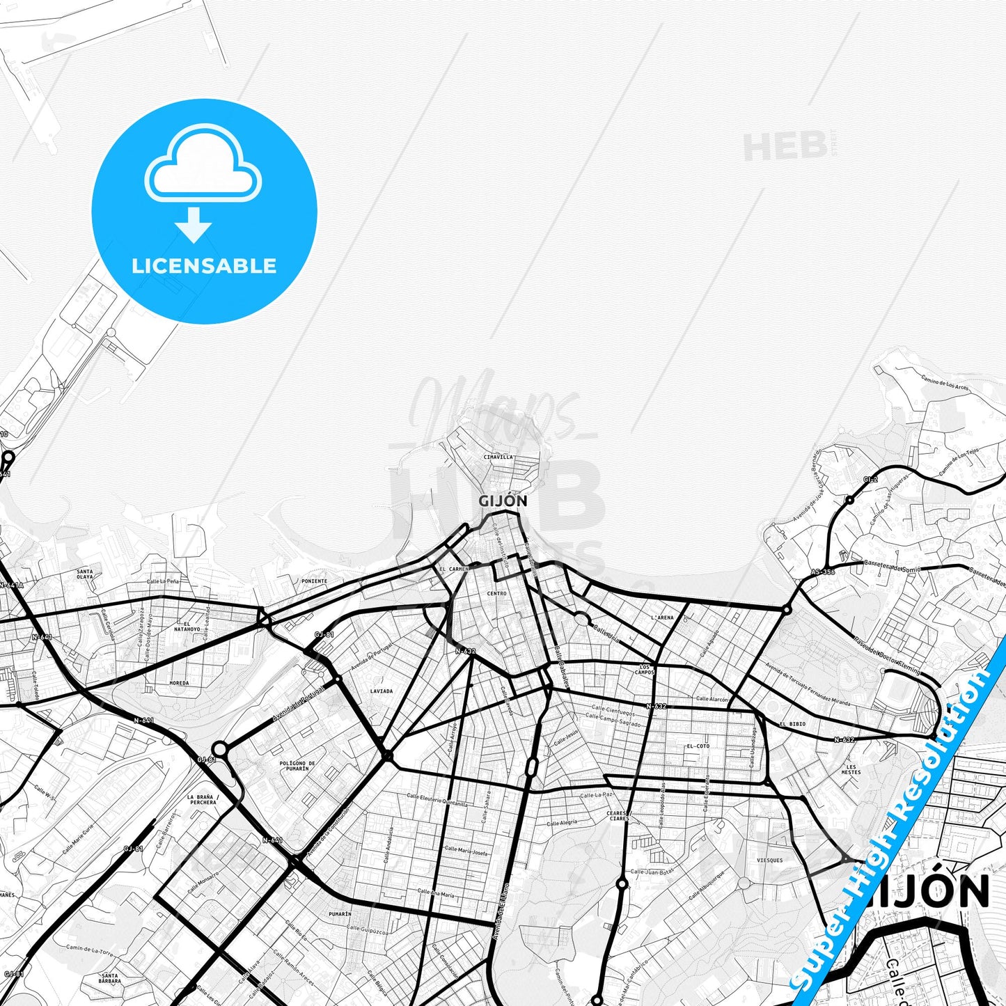 Gijón, Spain Light Map with Street Names, City Names, and Districts