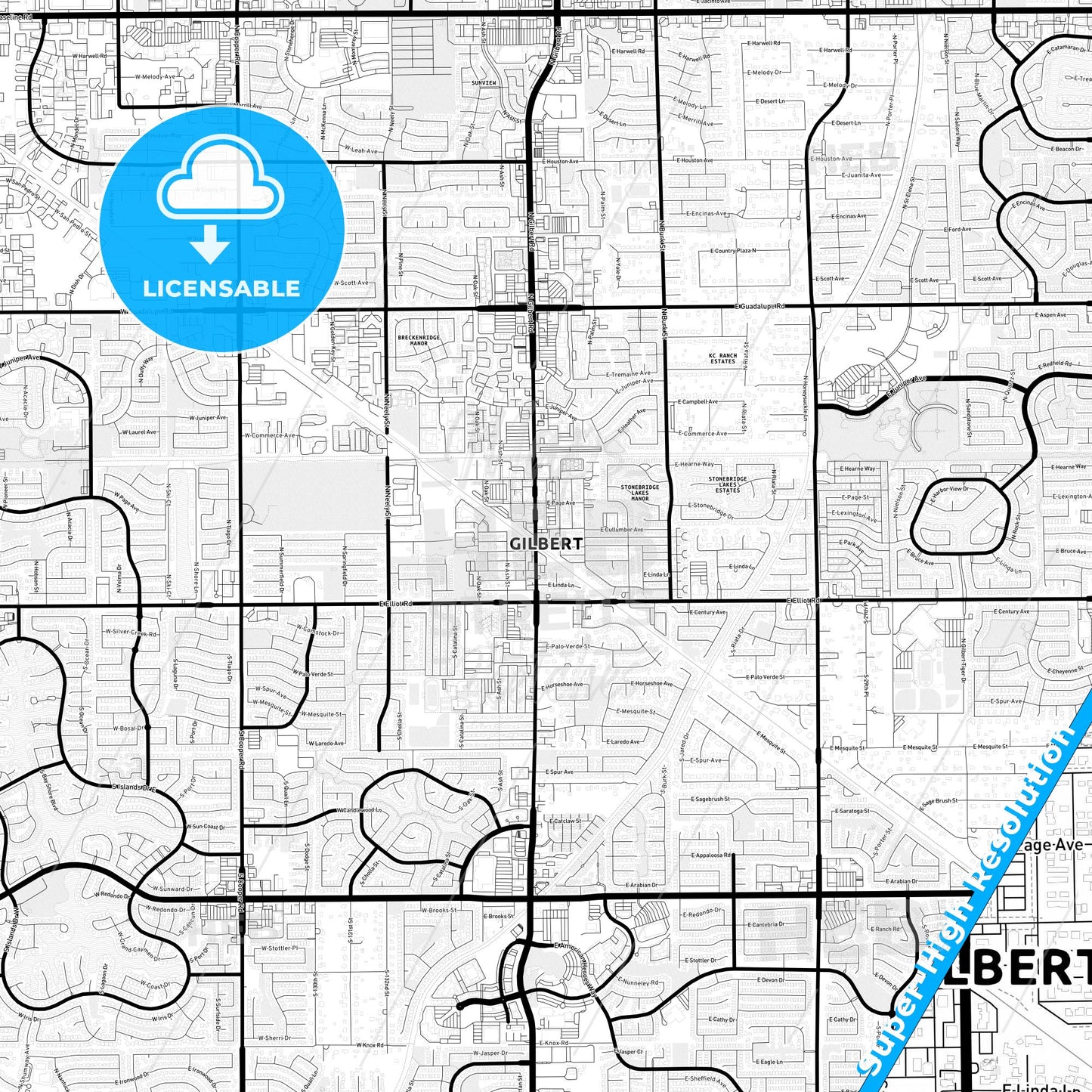 Gilbert, Arizona Light Map with Street Names, City Names, and Districts