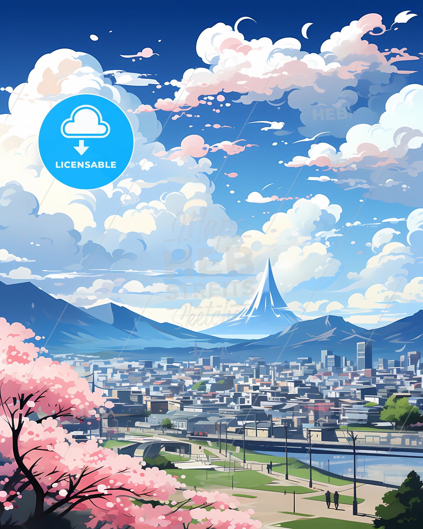 Panoramic Landscape of Gimhae City Skyline Featuring Vibrant Artistic Style, Mountains, and Greenery