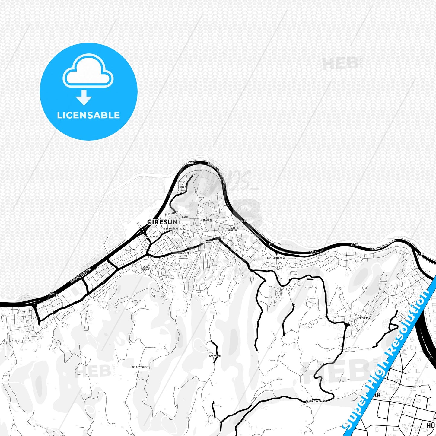 Giresun, Turkey Light Map with Street Names, City Names, and Districts
