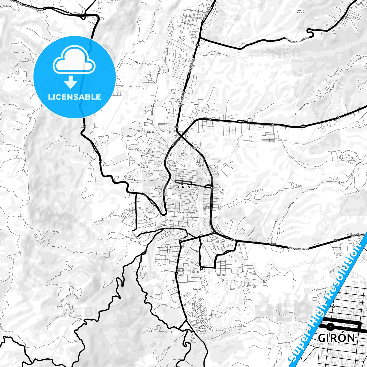 Giron, Colombia Light Map with Street Names, City Names, and Districts