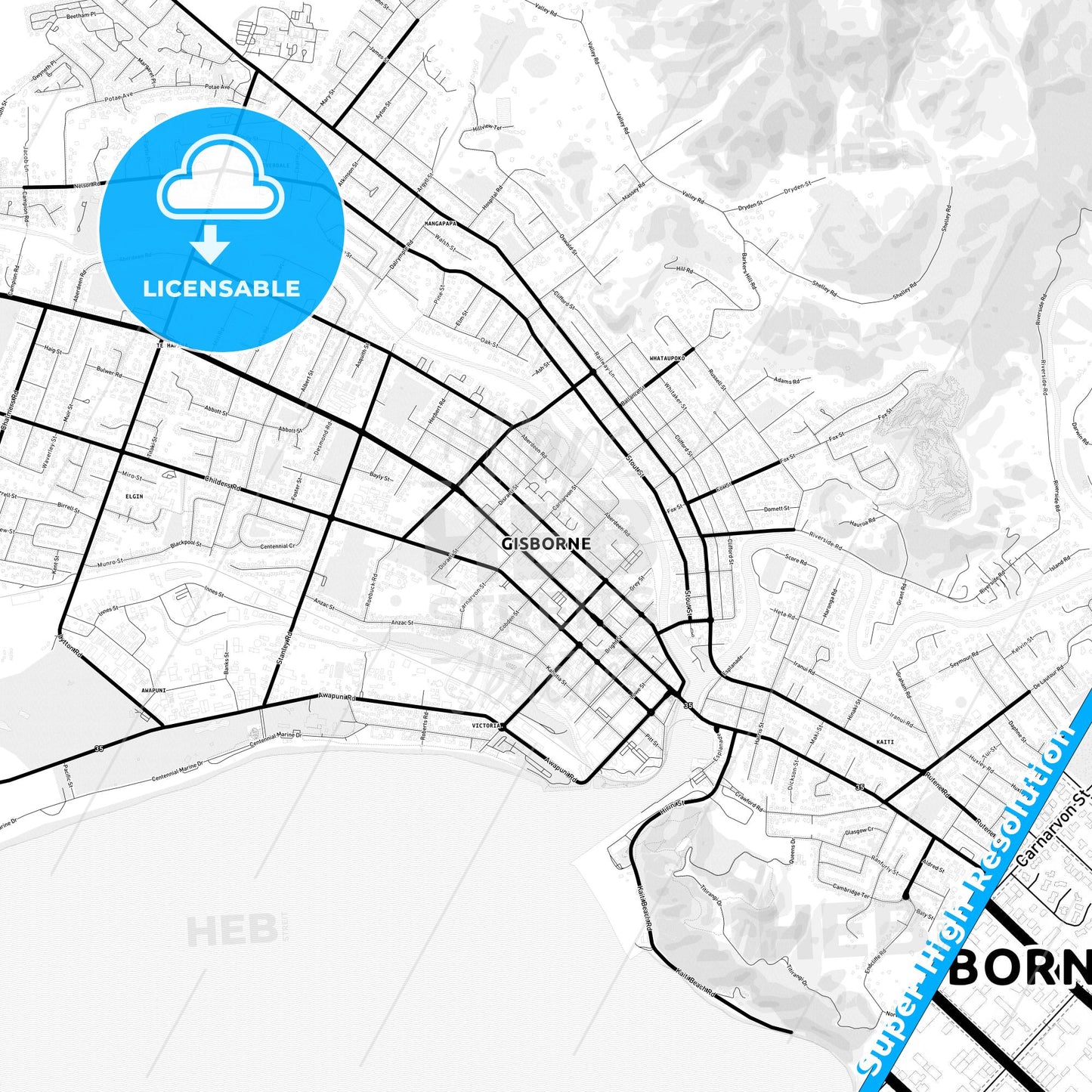 Gisborne, New Zealand Light Map with Street Names, City Names, and Districts