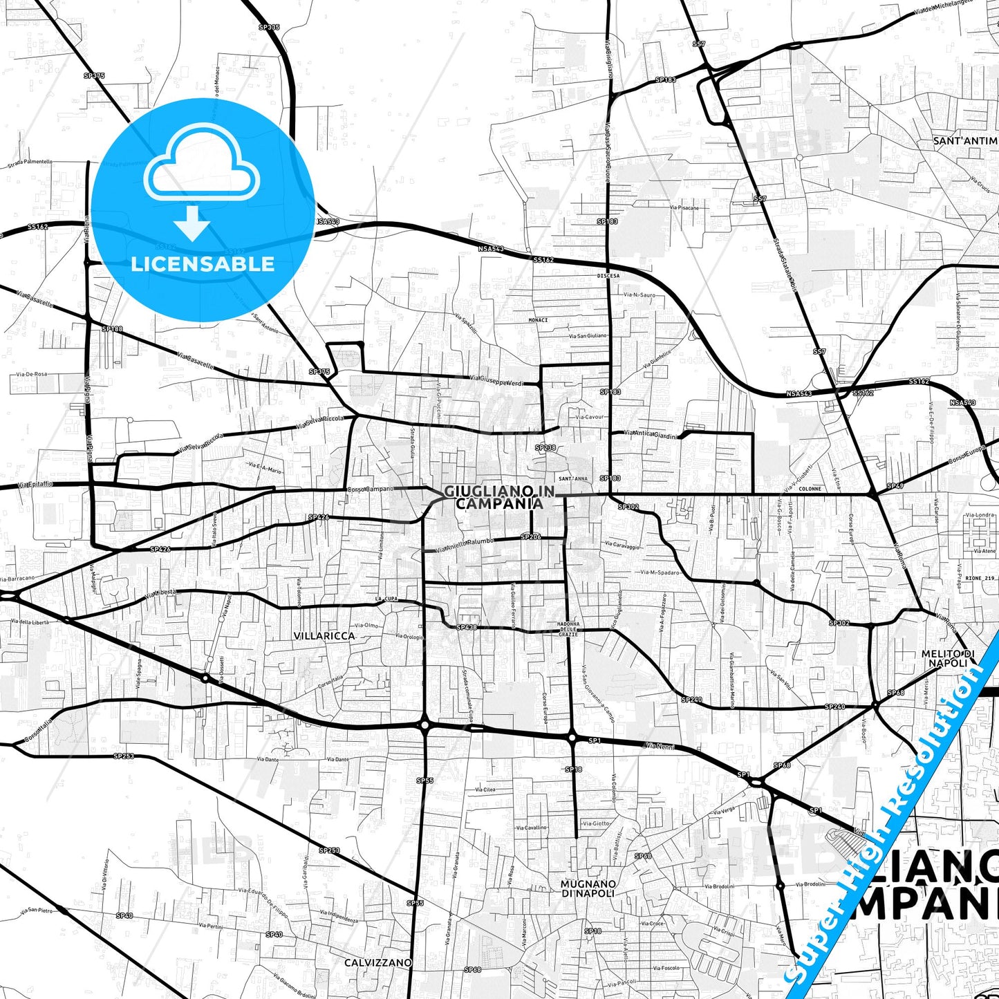 Giugliano in Campania, Italy Light Map with Street Names, City Names, and Districts