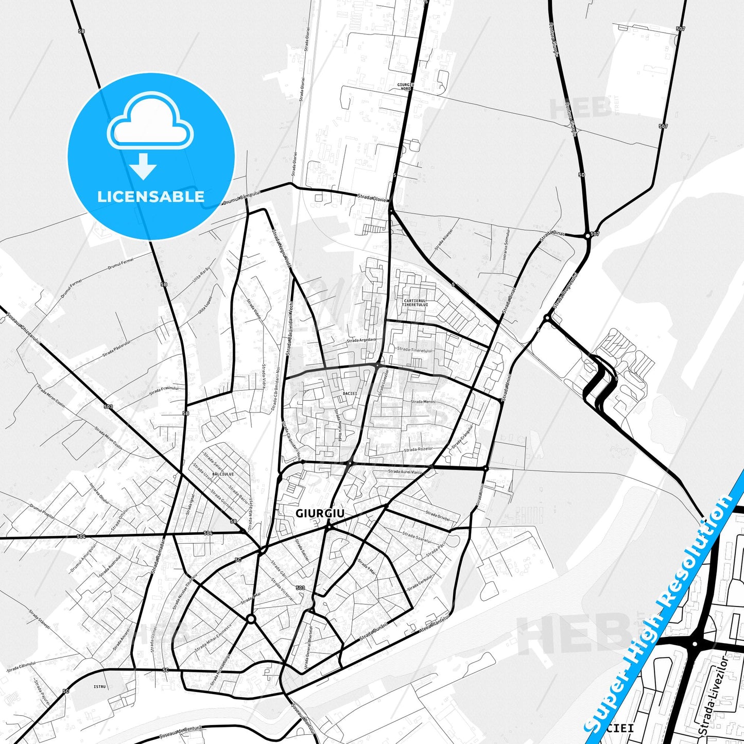 Giurgiu, Romania Light Map with Street Names, City Names, and Districts