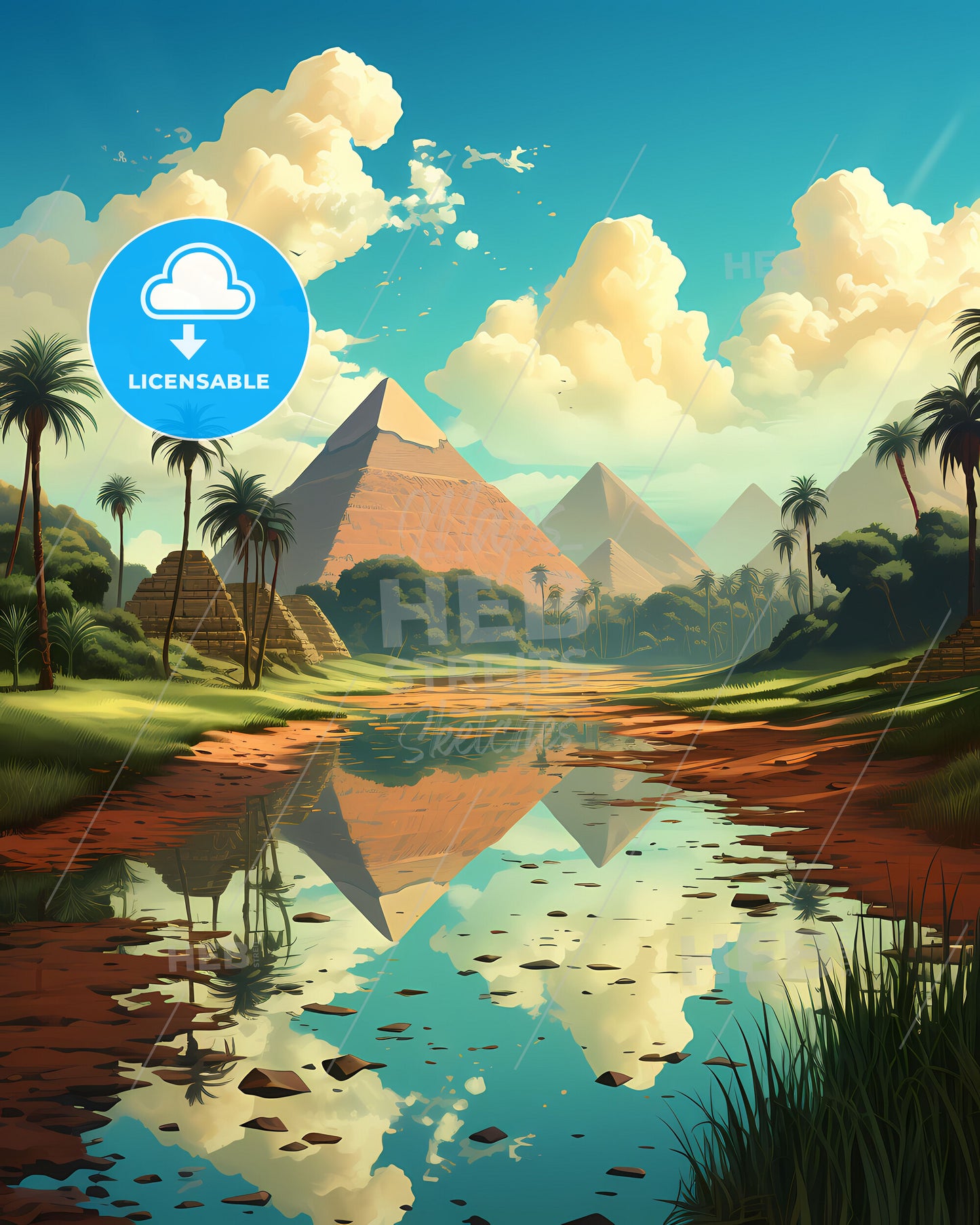 Giza Pyramids Watercolor Landscape