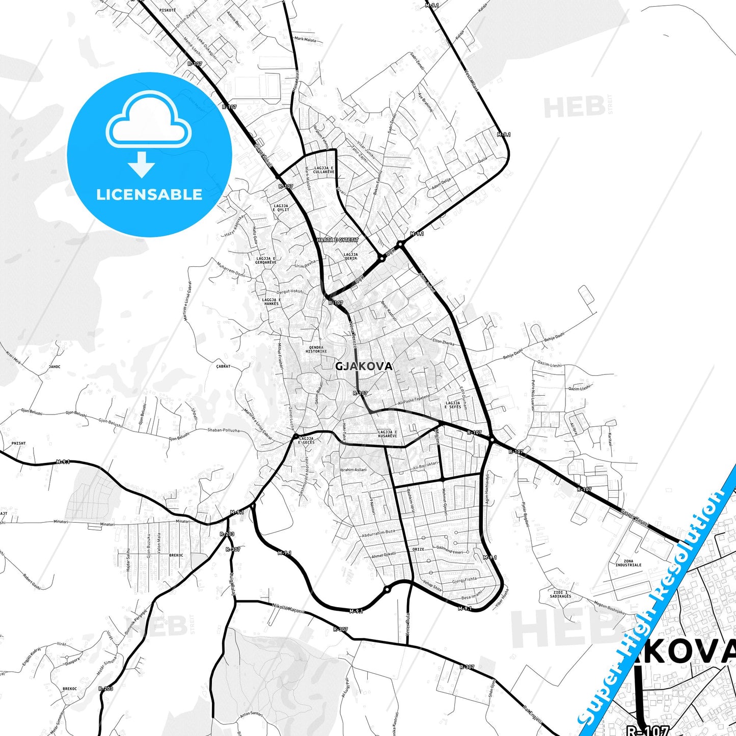 Gjakovë / Đakovica, Kosovo Light Map with Street Names, City Names, and Districts