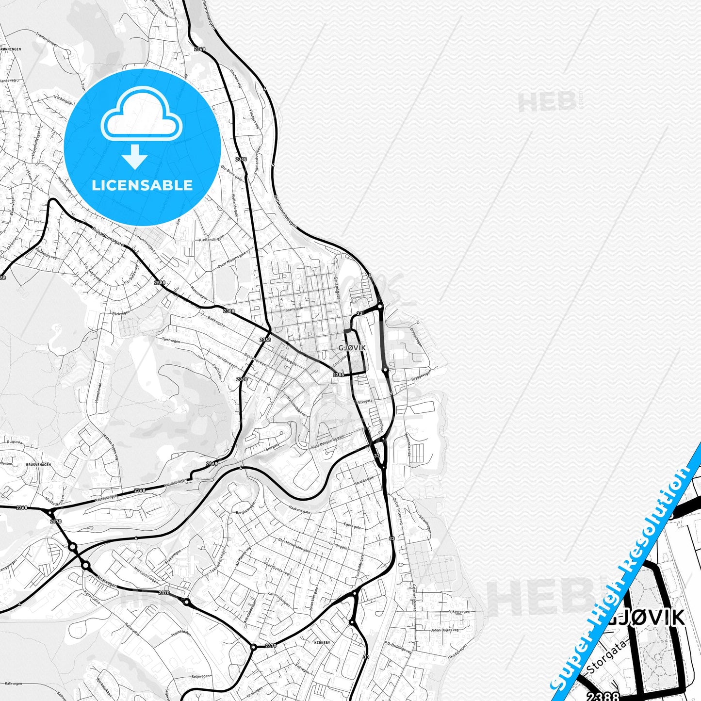 Gjøvik, Norway Light Map with Street Names, City Names, and Districts