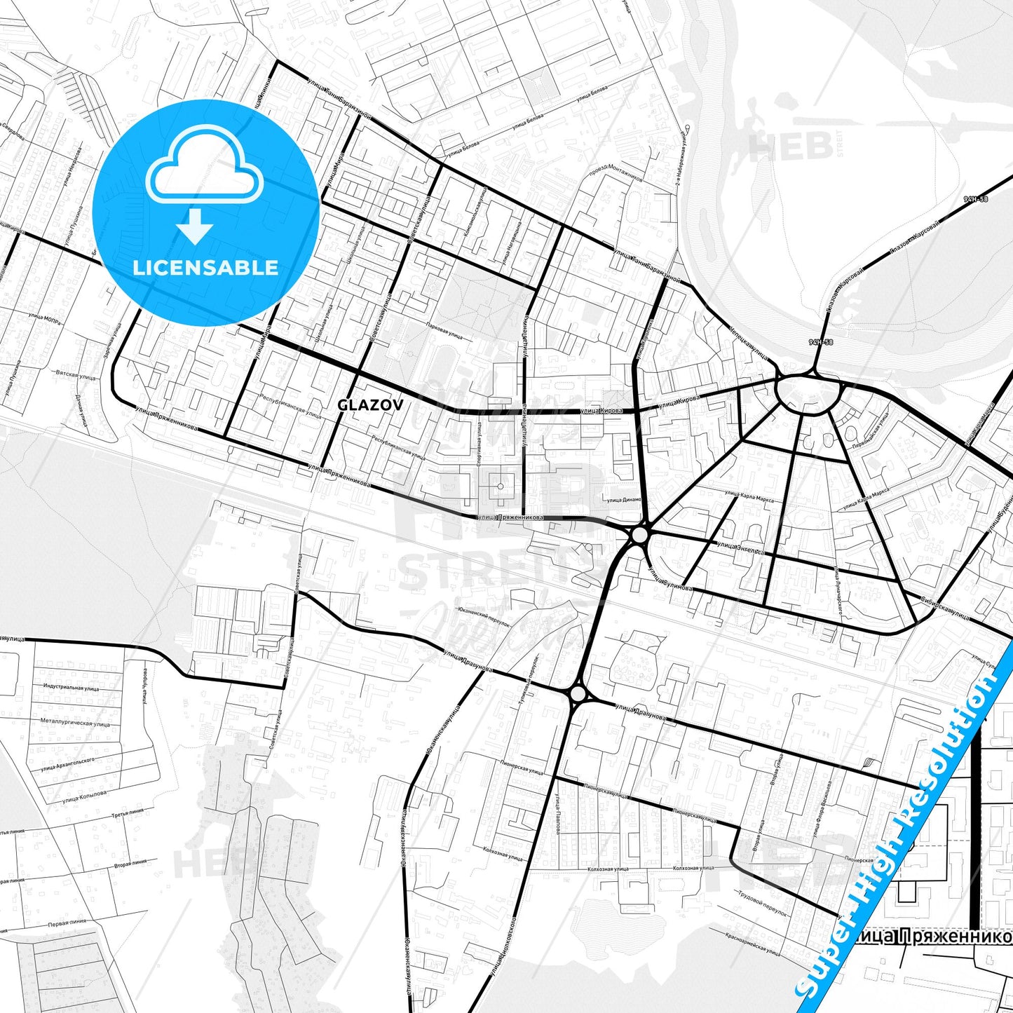 Glazov, Russia Light Map with Street Names, City Names, and Districts