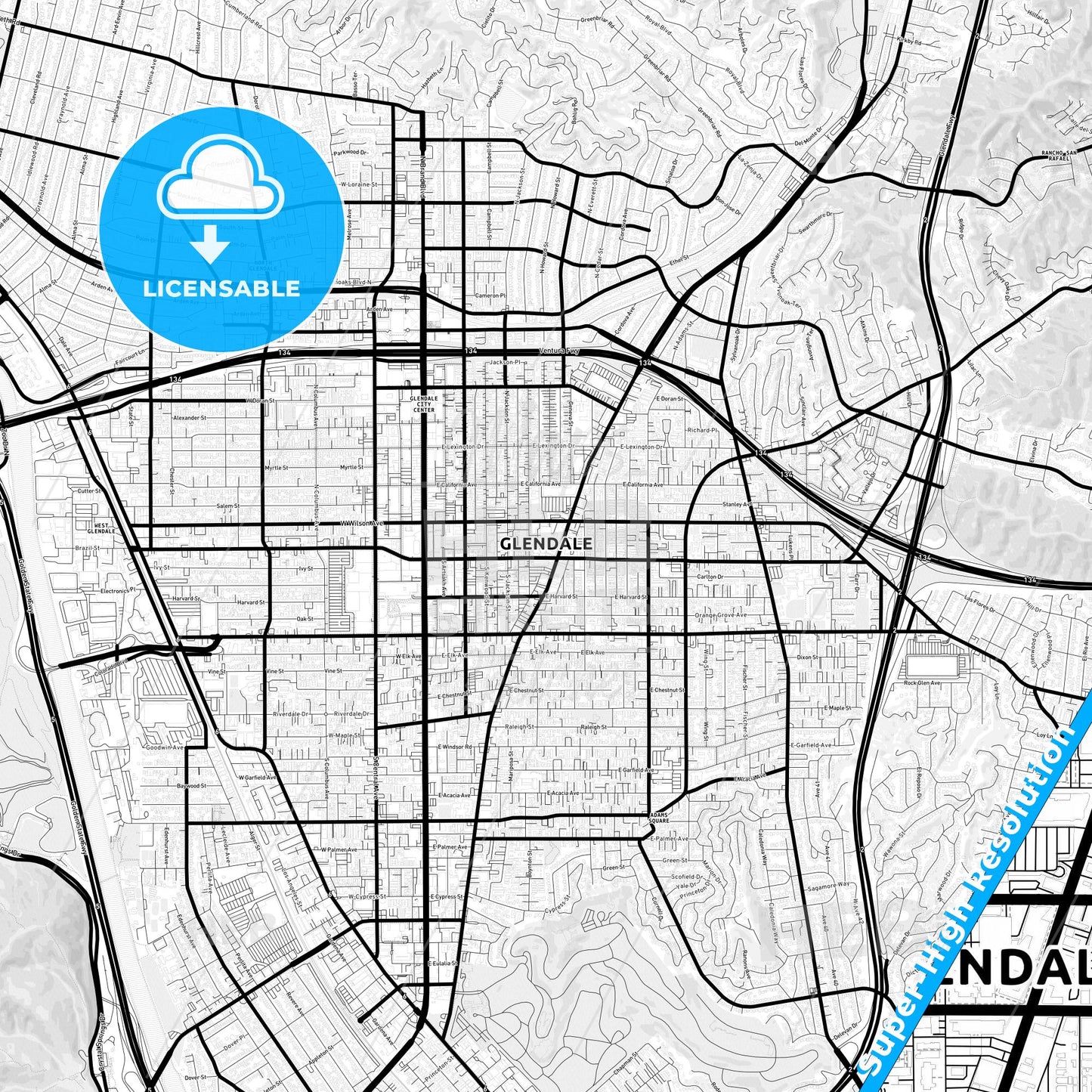 Glendale, California Light Map with Street Names, City Names, and Districts