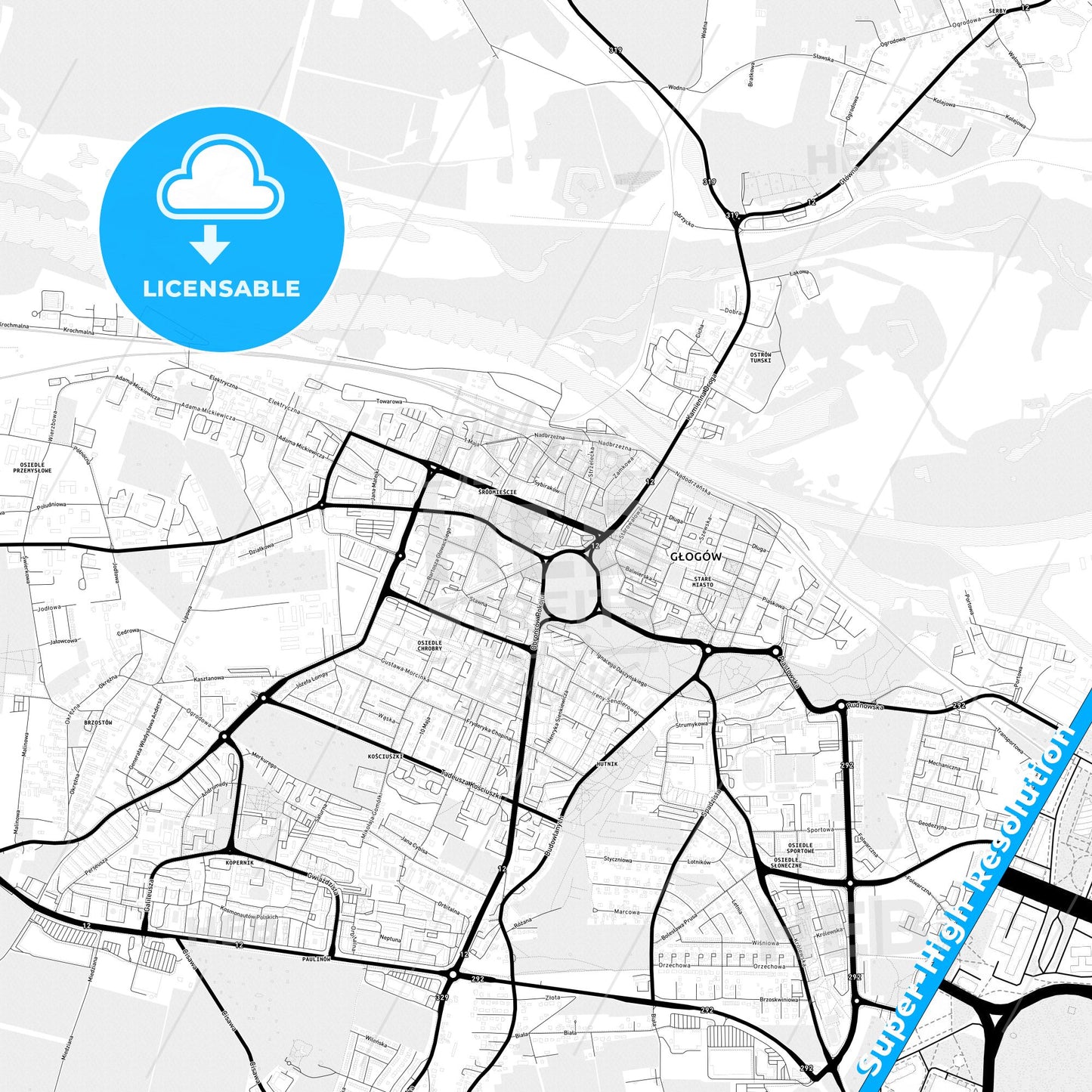 Głogów, Poland Light Map with Street Names, City Names, and Districts