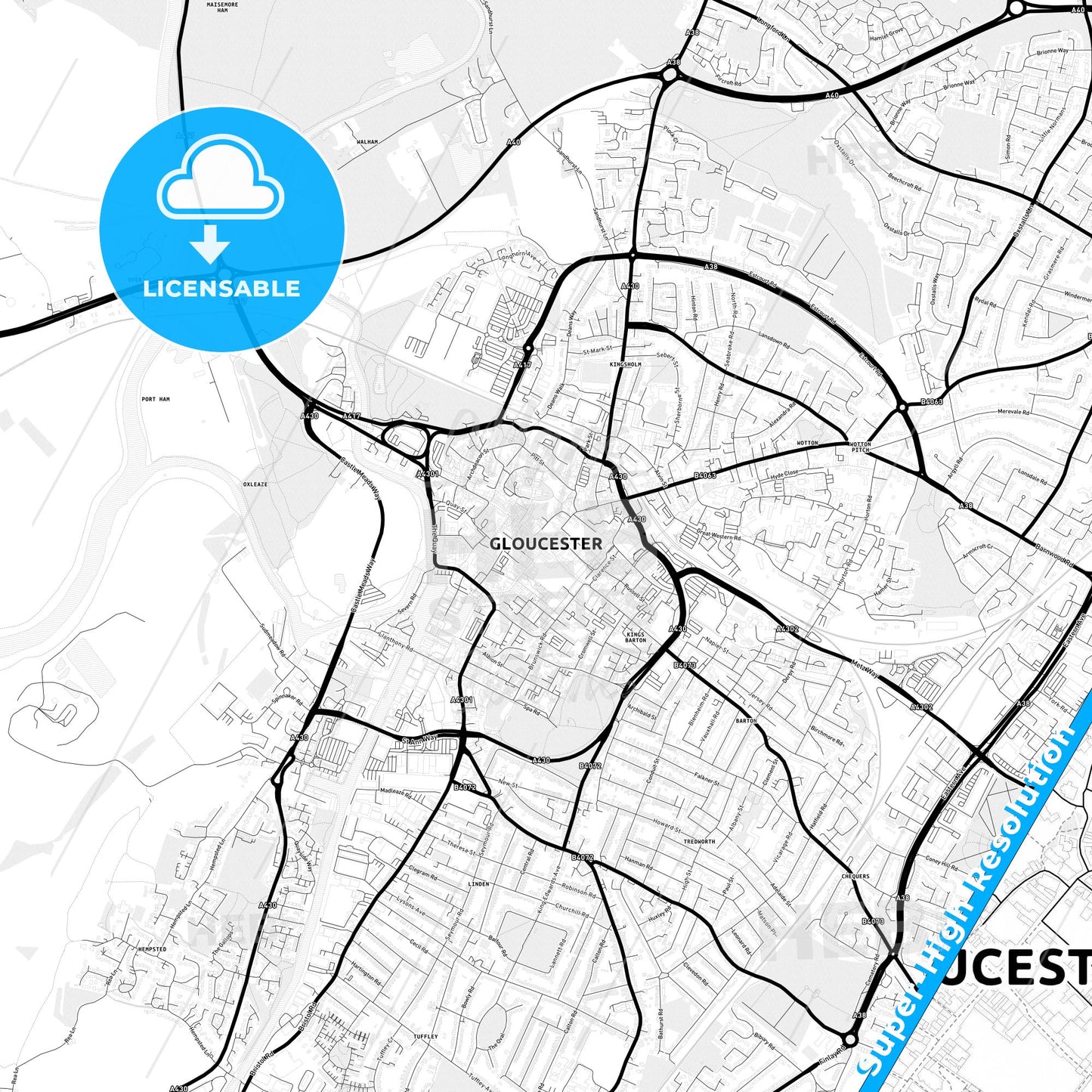 Gloucester, England Light Map with Street Names, City Names, and Districts