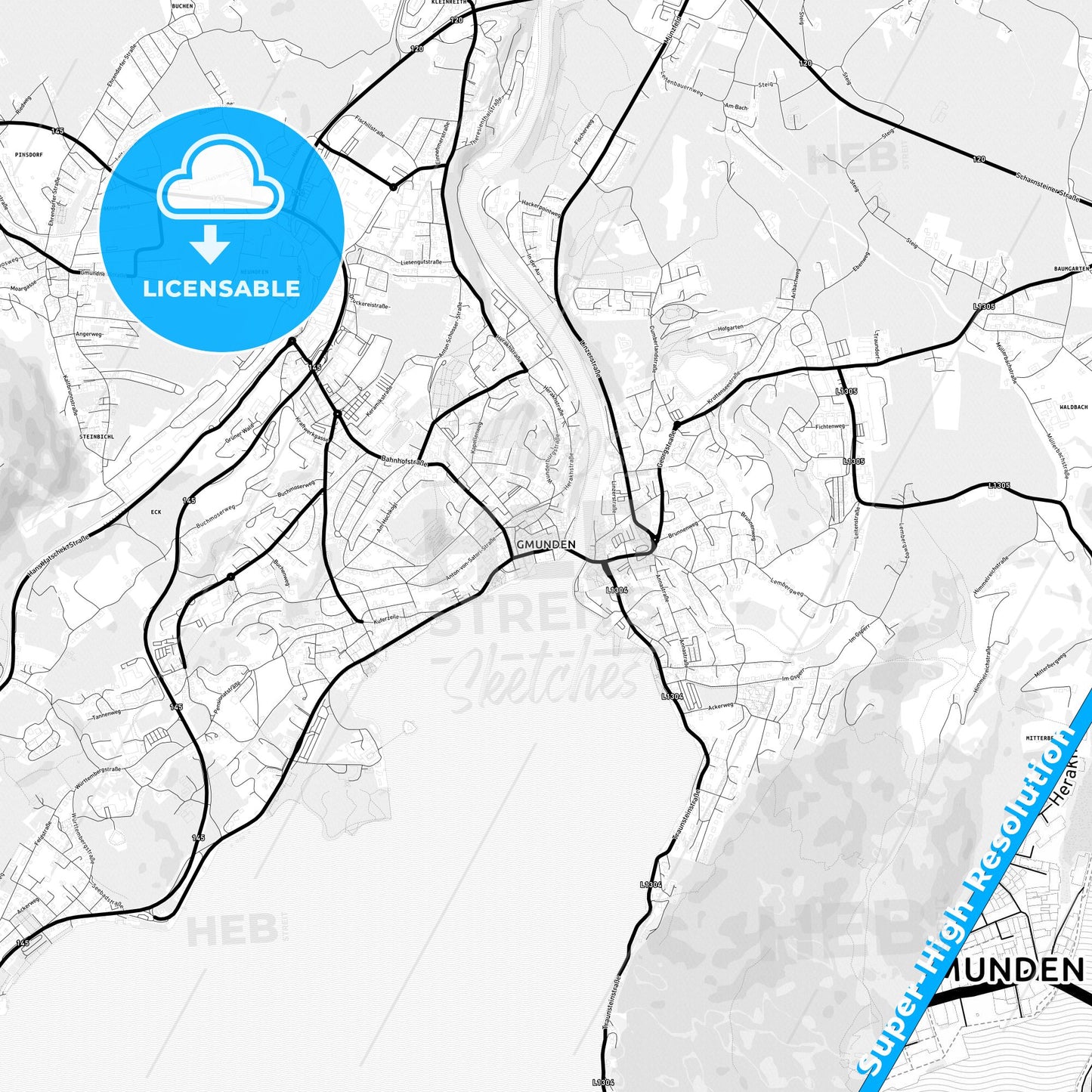 Gmunden, Austria Light Map with Street Names, City Names, and Districts